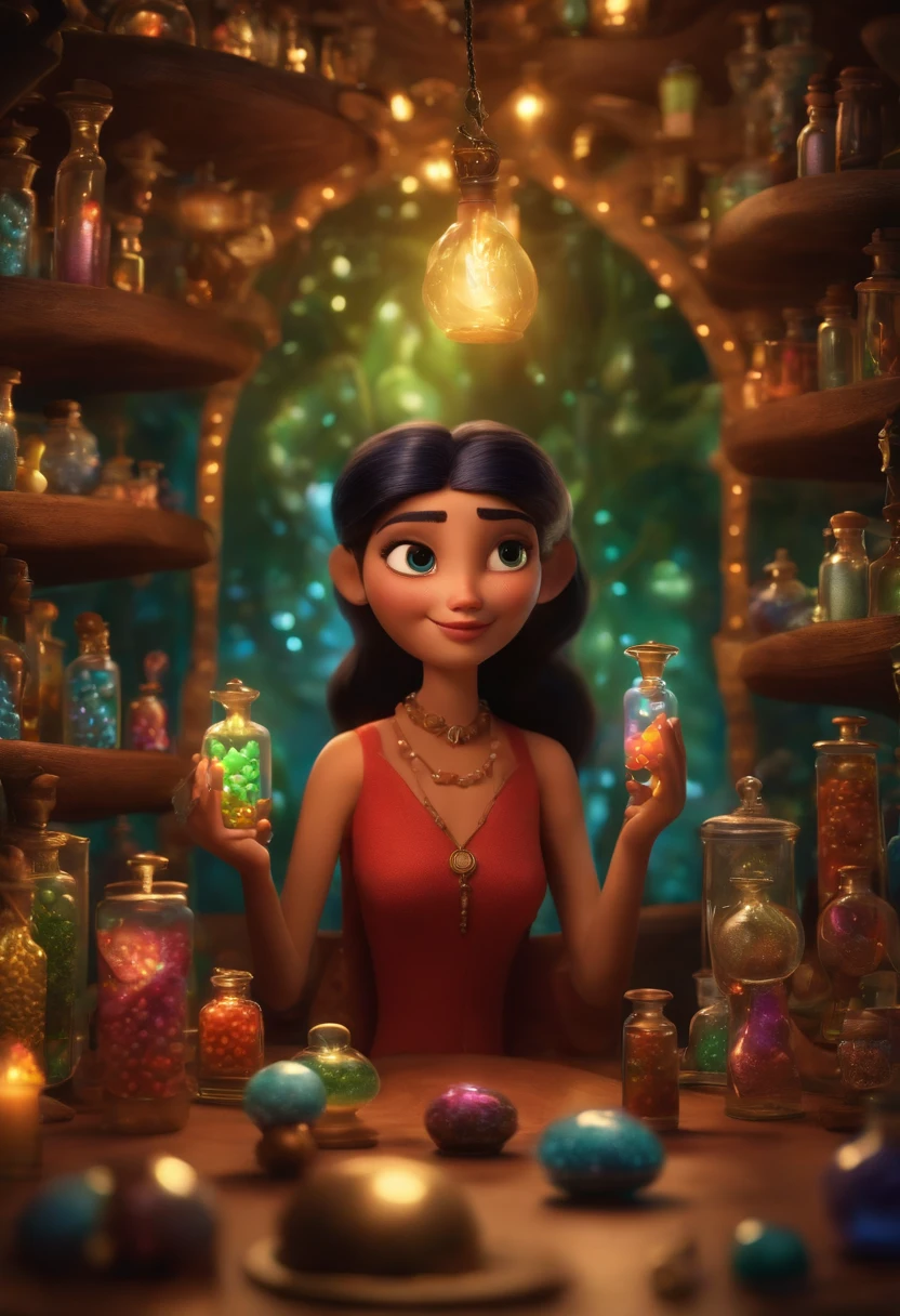 A collector of ideas inspired by Pixar animation, de perto. She is surrounded by a collection of magic vials, each containing a unique idea. The focus is on the character, with a captivating facial expression, Against a backdrop of shimmering, cores efervescentes.