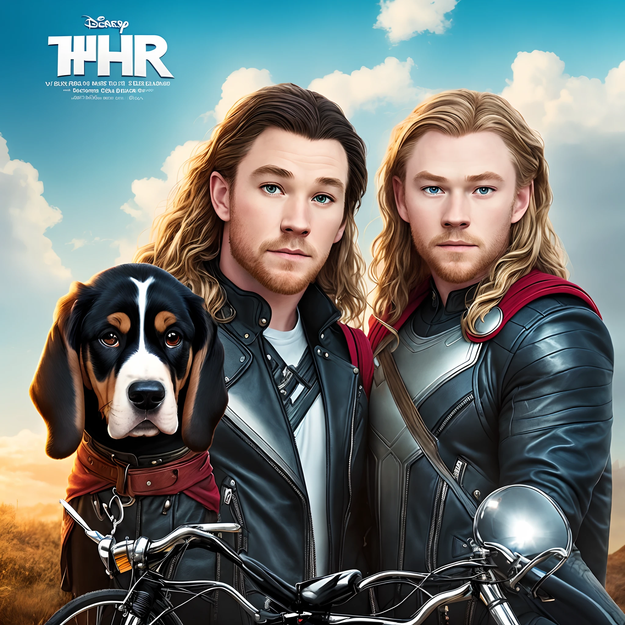 Create a poster of a Disney Pixar movie where the name and adventures with my friend Thor where the main characters are a black and brown basset dog and his owner a tall man with brown hair and blue eyes dressed in a biker outfit and his black Cross bike