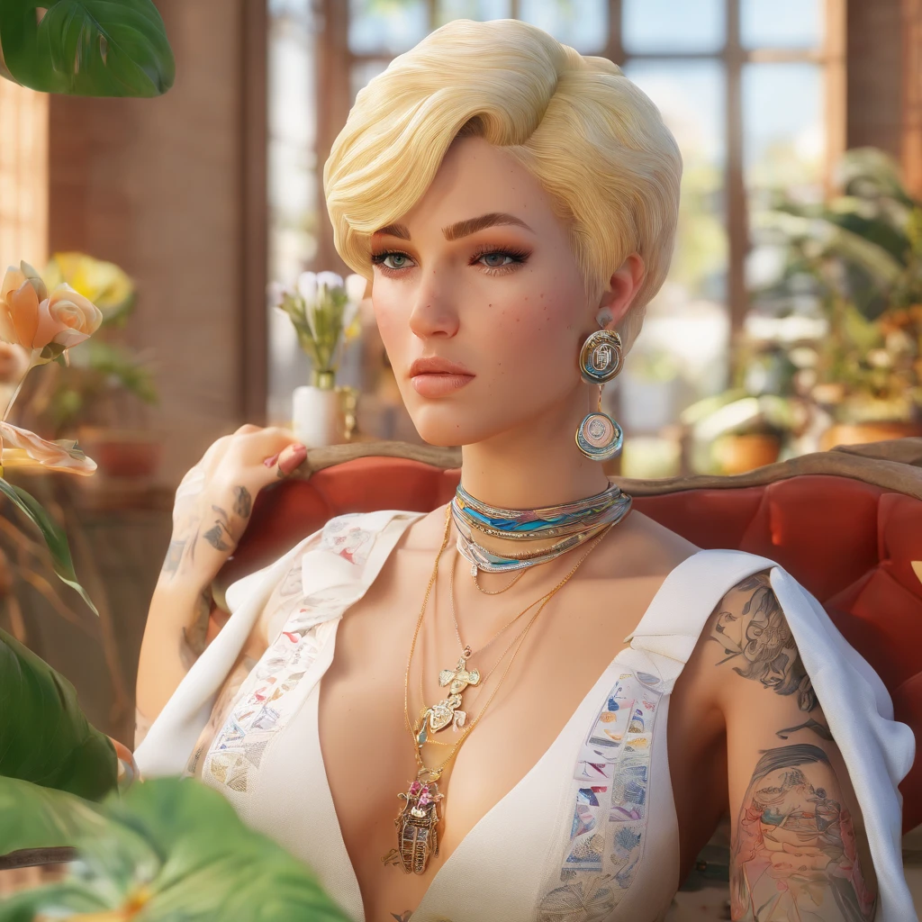 artisan, ear piercing, tattoos, blonde, short Chanel hair, scissors, glue, table, chair is a hammock, evas, chubby, milk glass tattoo on the arm, Our Lady of Aparecida