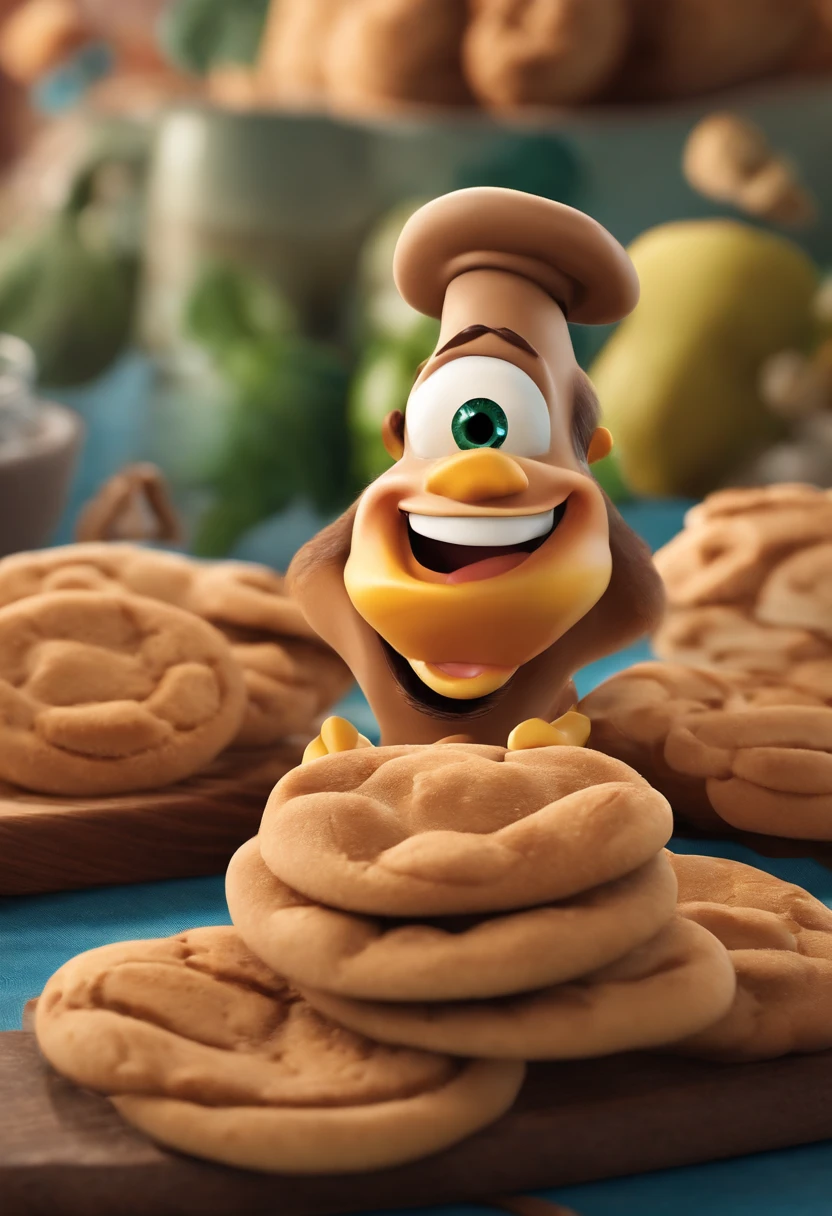 Create a Disney Pixar Poster.  Uma mulher chef de cozinha, com cabelos cor castanho claro na altura dos ombros, cabelos ondulados, com sorriso feliz, olhos castanhos pequenos. Ela usa brincos pequenos. Ela esta fazendo biscoitos em uma confeitaria. A confeitaria tem paredes na cor rosa. Tem uma vista para um jardim.