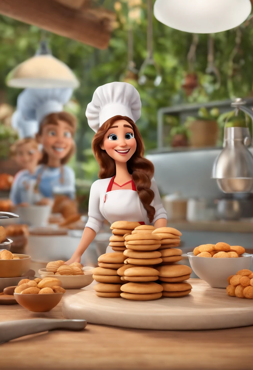 Create a Disney Pixar Poster.  Uma mulher chef de cozinha, com cabelos cor castanho claro na altura dos ombros, cabelos ondulados, com sorriso feliz, olhos castanhos pequenos. Ela usa brincos pequenos. Ela esta fazendo biscoitos em uma confeitaria. A confeitaria tem paredes na cor rosa. Tem uma vista para um jardim.