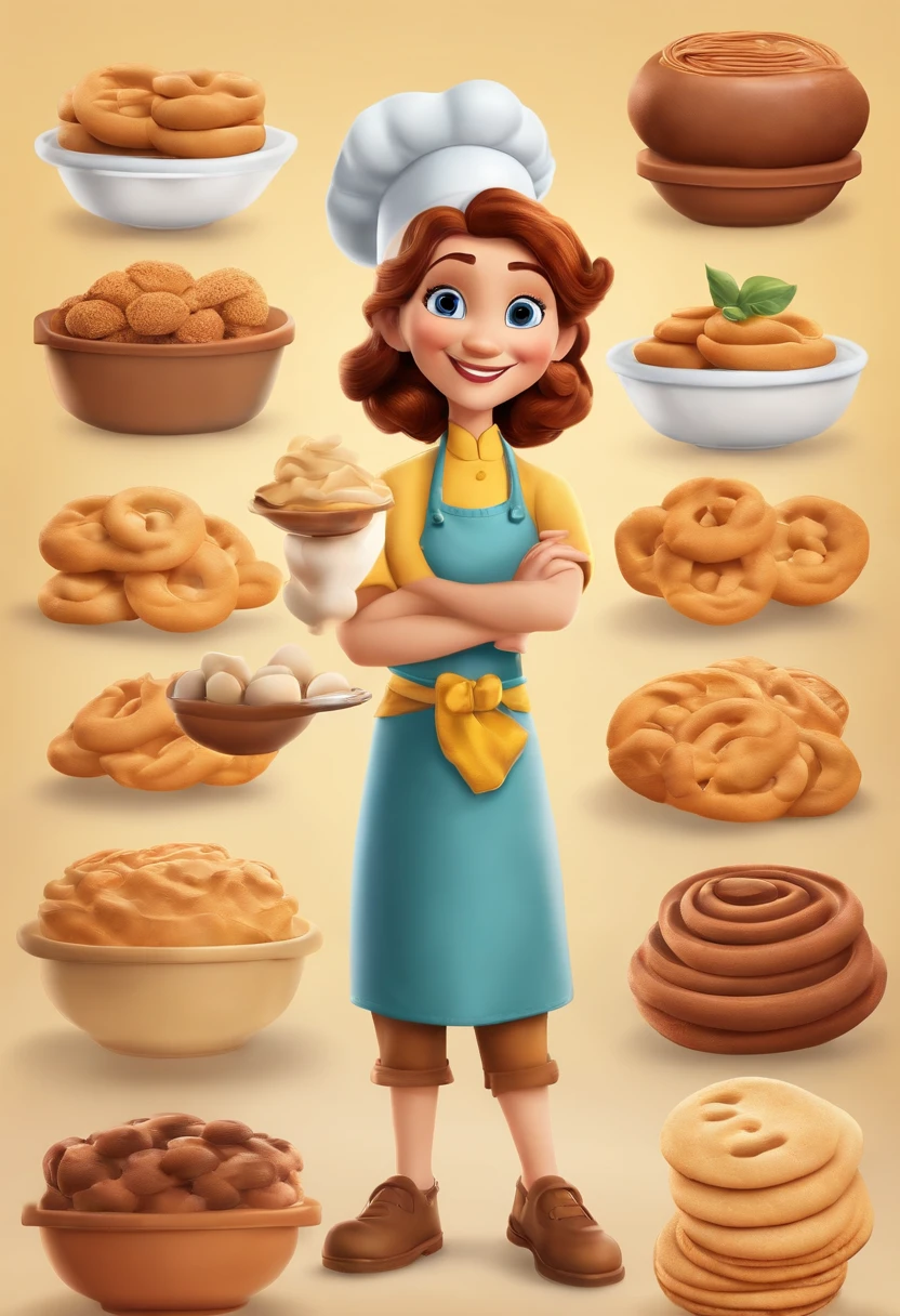 Create a Disney Pixar Poster. Uma mulher chef de cozinha, com cabelos cor castanho claro na altura dos ombros, cabelos ondulados, com sorriso feliz, olhos castanhos pequenos. Ela usa brincos pequenos. Ela esta fazendo biscoitos em uma confeitaria. A confeitaria tem paredes na cor rosa. Tem uma vista para um jardim.