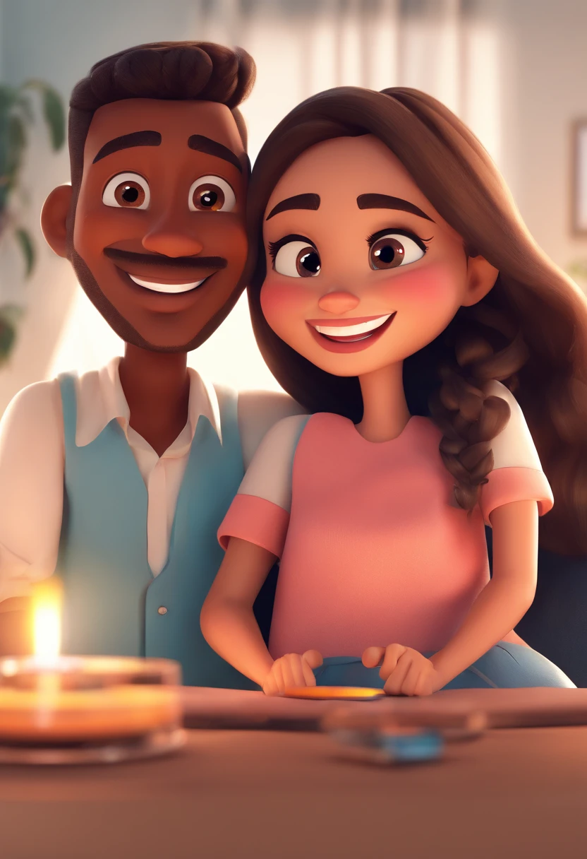 An illustration of an adorable couple, Highlight for a black man and a brunette woman with beautiful and expressive eyes – the man's skin is light brown and the man's hair is short and black, while the woman's skin is brown, e o cabelo da mulher liso e preto. They are a bright room, cada um com um sorriso no rosto, e compartilhar um momento especial caracterizado pelo amor, Insights. Illustrate this scene from a perspective where they are facing the camera, Smiling and Showing Your Connection. Desenvolva esta arte em Full HD, Focus on your cinematic touch, Estilo Disney Pixar Animations