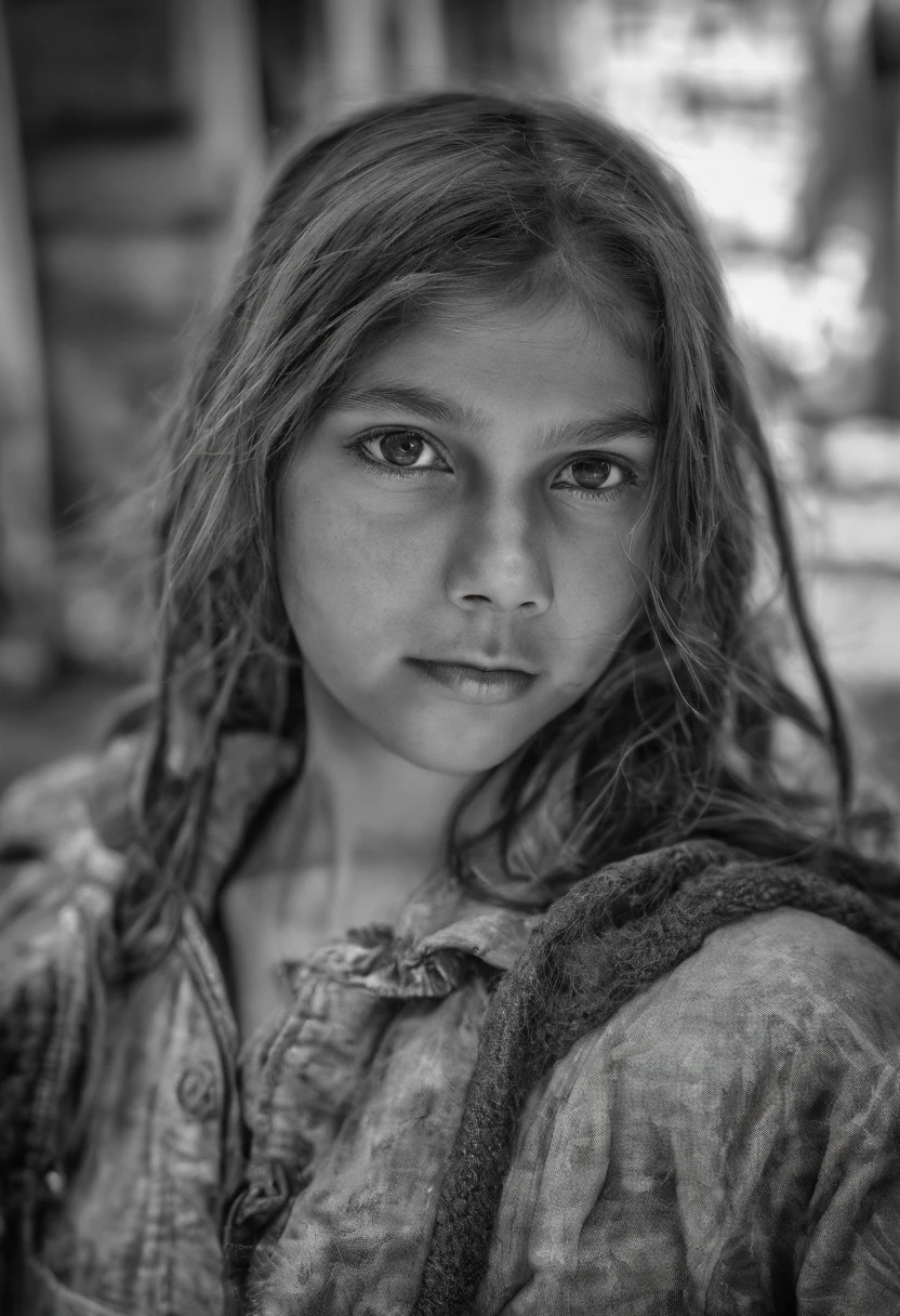 "Représentation ultra-réaliste d’une petite fille, Assis avec chagrin, Agonie, ((gouttes ophtalmiques séchées, Visage focalisé sur l’appareil photo)), désordonné, palestinien, cheveux bouclés, visage et chiffon poussiéreux,(( Une ville détruite en arrière-plan, feu, cadavre humain sur le sol, certaines personnes pleurent, bâtiment détruit)), hyper détaillé, Couleur dynamique, nuance noire et grise, Image super émotionnelle, sur une toile de fond sombre et obsédante et entouré d’une fumée noire tourbillonnante. L’image doit être dans un 16 captivant:Format 9." avion bonbardier au loin une petite lueure de soleil levant brille