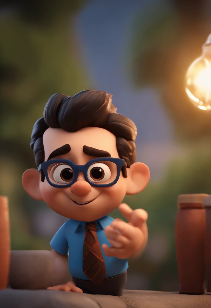 Cartoon character of a man wearing black glasses and a blue shirt, um personagem animado, Caractere estilizado, animation style rendering, 3D estilizado, Arnold Maya render, 3 d render stylized, toon render keyshot, Personagem 3D, Personagem 3D, 3d rendering stylized, 3 d character render, personagem de desenho animado, Personagem de close up, Pose de personagem, (Estilo Pixar) (master part:1.2) (Bokeh) (best quality) (pele detalhada) (textura detalhada) (8k) (argila) (Cinematic lighting) (foco nítido,Senta e vaza a parte superior do corpo