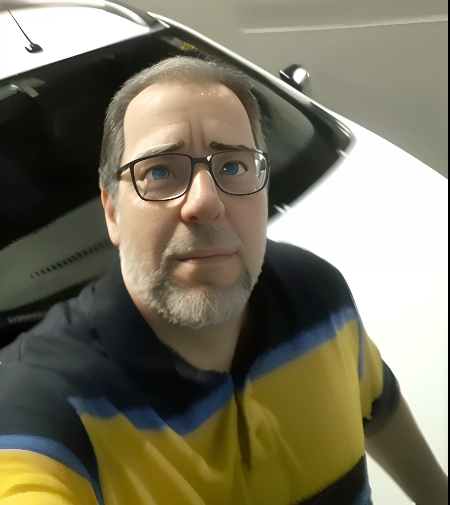 Homem de camisa amarela e azul ao lado de um carro branco, foto do perfil, Fotografia selfie 8k, foto de perfil, foto selfie, selfie de um homem, cerca de 45 anos, imagem de qualidade muito baixa