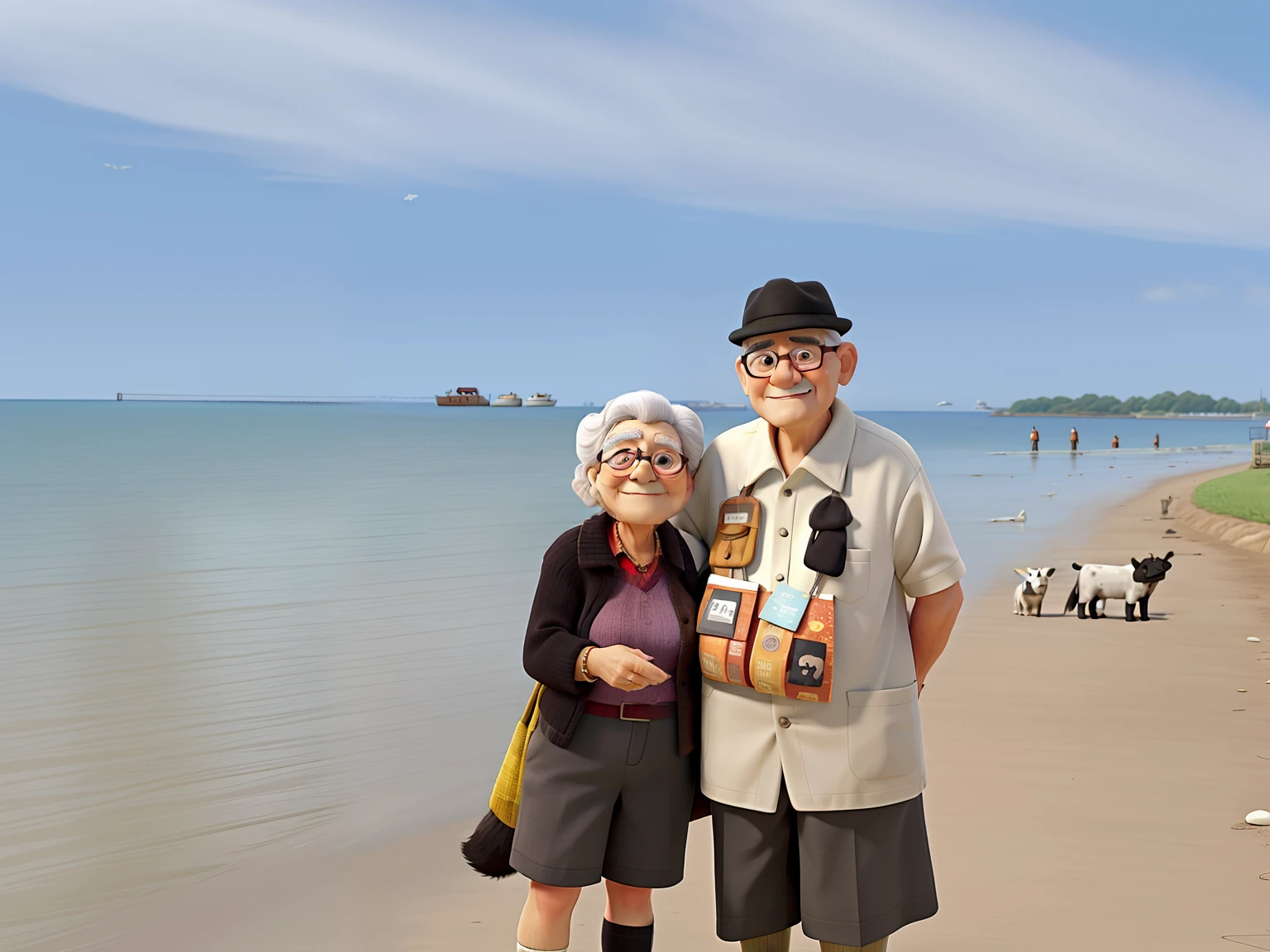 An elderly couple like the one in the standard photo hugging each other, Next to them are four stray dogs on the ground, I also add a small white and black cow, a banner in the photo saying that Uncle Ronald's daycare they are in front of a beautiful house