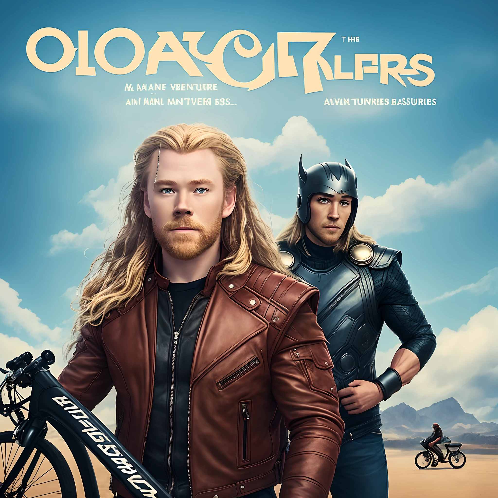 Create a poster of a Disney Pixar movie where the name and adventures with my friend Thor where the main characters are a black and brown basset dog and his owner a tall man with brown hair and blue eyes dressed in a biker outfit and his black Cross bike