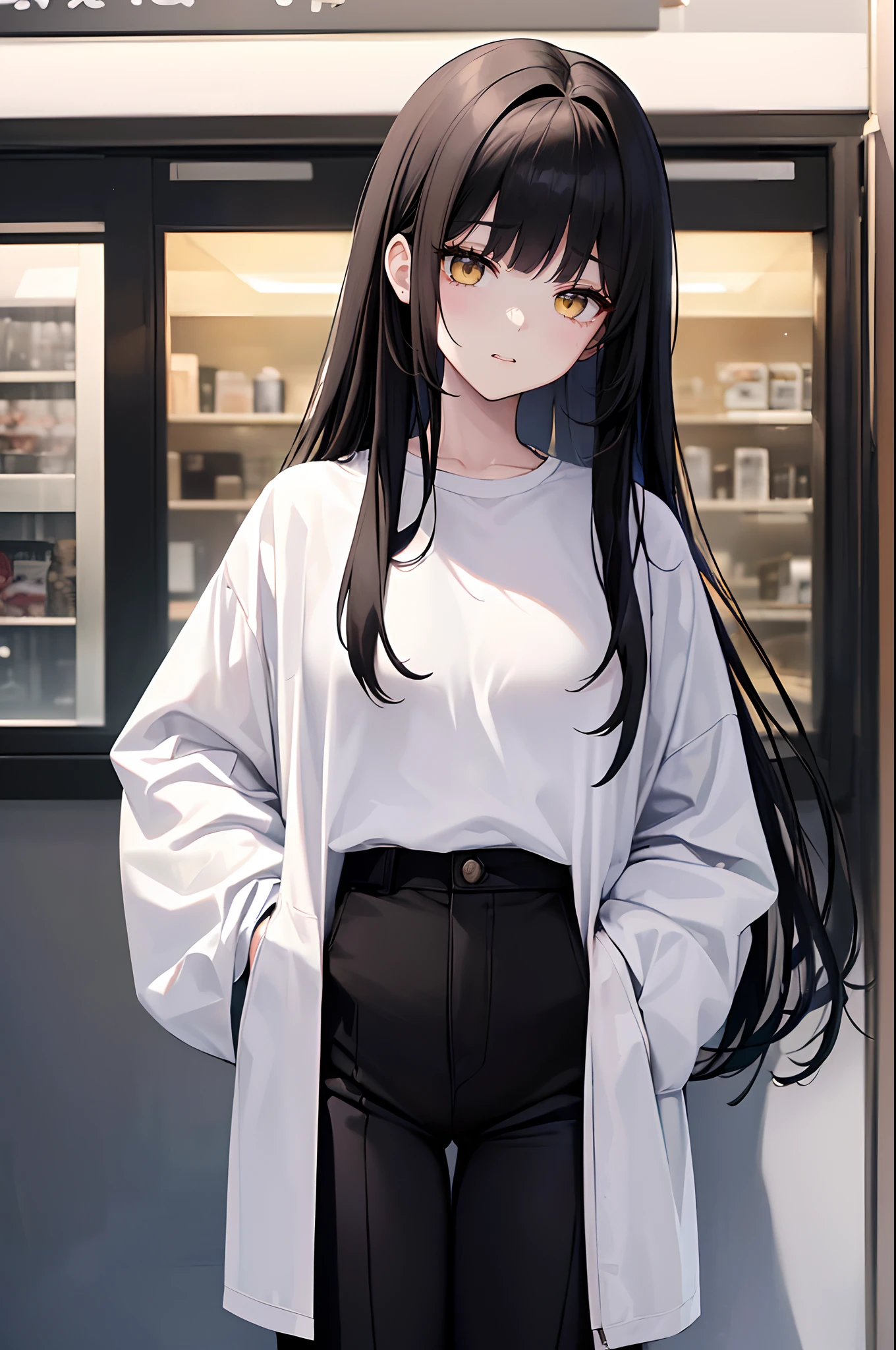 (4K works))、masterpiece、(top-quality)、Shopping、Korean female、adult woman、((Adult 26 years old))、((Face similar to Hyunjin))、cool lady、tall、((Glaring expression))、((Sleepy face))、((Strong eyes))、((Wearing a white T-shirt and a black jacket、Wear long black pants))、((Wear a black mask))、((Smaller face))、Slim body、((How to stand a sales match))、((Cheeky way of standing))、((Bad girl))、((Black long-haired))、((Yellow eyes))、((shot from front))、((Looking down on the viewer))、((rearing))、((Shot alone))、((Solo Photography))