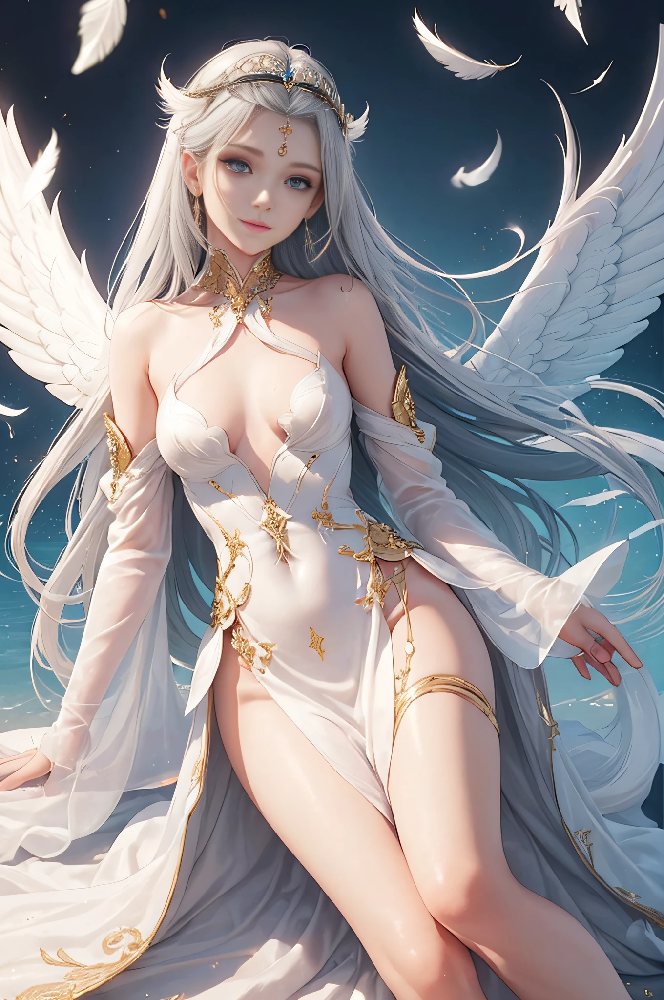 1girl in、独奏、Unity 8k Wallpapers、The ultra-detailliert、Beautiful fece、Beauty、​masterpiece、top-quality、Photorealsitic、20 year old female angel、3 pairs of large feathers、3 pairs of large white feathers, Back、、、、:2.0、powerful wings、Seraph、Super beautiful detailed eyes、Accurate depiction of the iris、Smile like a gentle goddess、hyperdetailed face、Slender and beautiful body line、small tits、very long gray hair、Jade-colored eyes、Convoluted、flawless、modeled、a small face、White sparkling dress with elegant embellishment of gold thread、Silver Gauntlet、Silver Sollet、Wingcrest outerwear、Gold headband with jade gemstones on forehead、Hair ornament with small wings、Circle of Angels Emitting Light、Angel Halo:2.0、Golden hair、８Equal to the size of the body、Smaller chest、light magic、depth of fields、Fantastic atmosphere、Muted shades、Soft shading、elegent、perfect anatomia、bare shoulders​、Shiny legs、(full body Esbian)、(full-body view)、(longshot)、White shimmering dress with elegant embellishments of gold thread、bare shoulders​、shiny legs、Garden in the Sky、Model Standing、