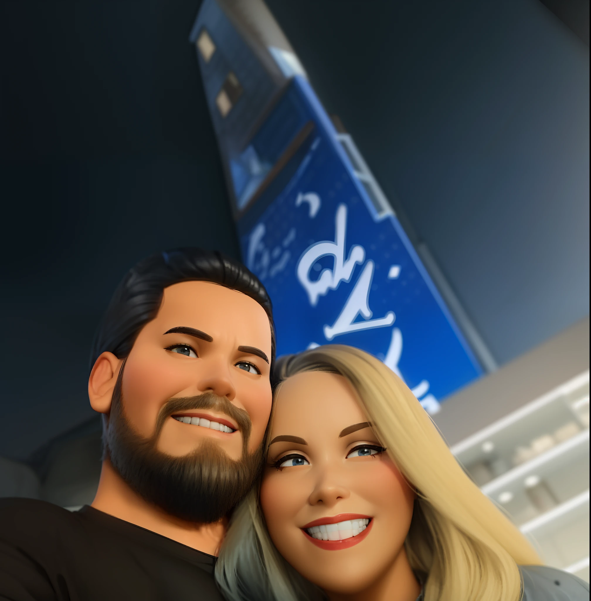 Create Disney 3D Pixar Style Animation, homem cabelo preto mesmo penteado da foto e barba baixa e jovem , mulher loira mesmo penteado da foto e jovem , Same outfit and building in cartoon style background