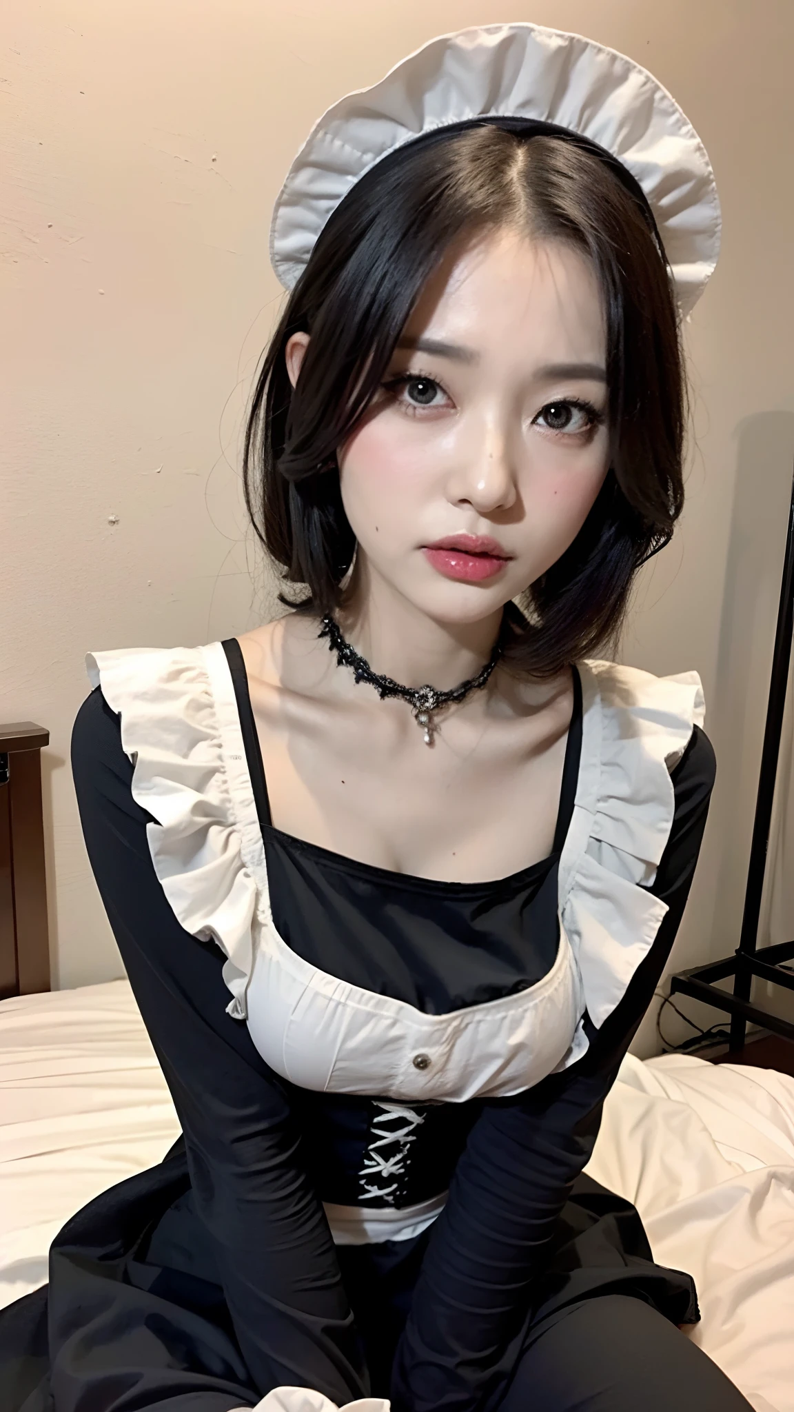 (Anatomically correct 1.5)、(Gothic lolita)、((Black Maid Outfit:1.35))、(not too big eyes、Balanced face)、sit on a bed、(Smaller chest)、Looking at this、Look at viewers