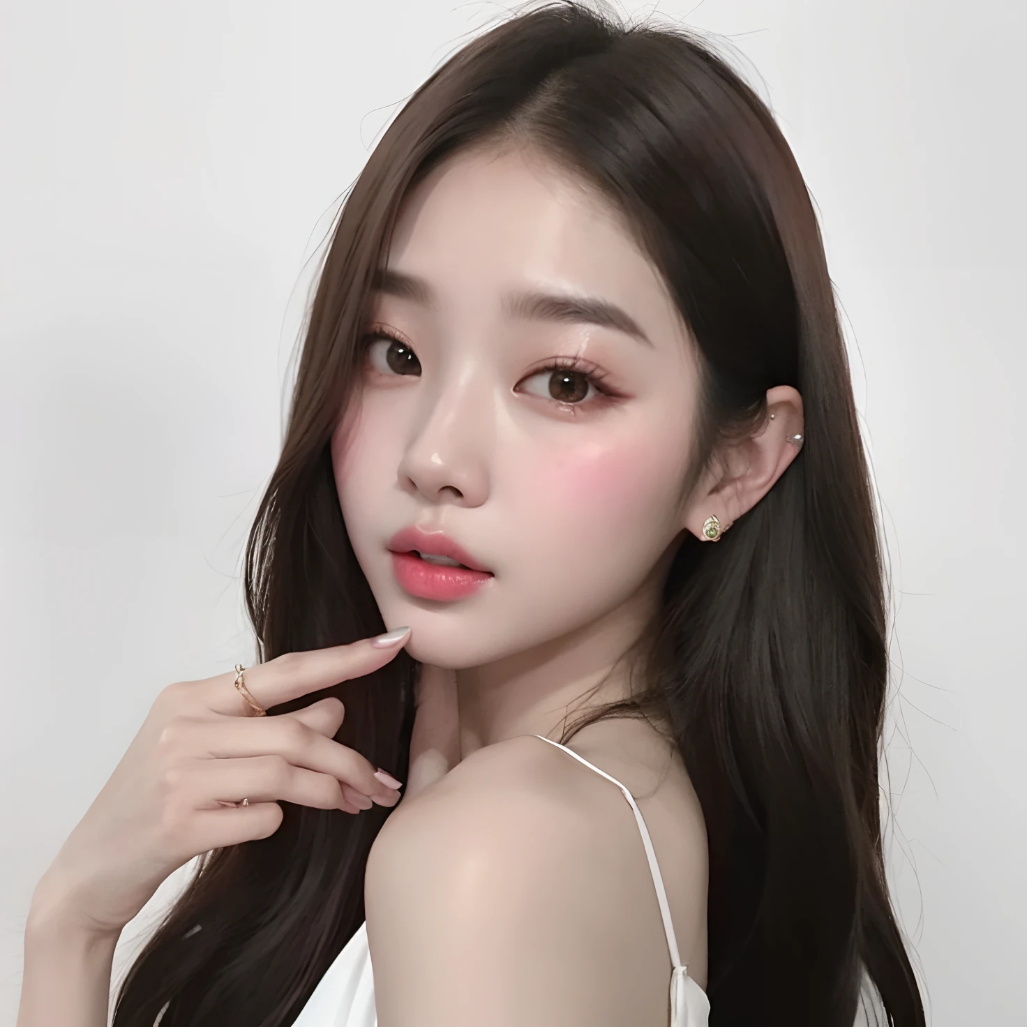 um close up de uma mulher com cabelos longos usando um top branco, Jaeyeon Nam, Jinyoung Canela, Ulzzang, Heonhwa Choe, maquiagem coreana popular, menina coreana, maquiagem sul-coreana popular, young adorable korean face, Lee Ji - Eun, Mulher sul-coreana bonita, Lee Ji-eun, wan adorable korean face, linda mulher coreana jovem