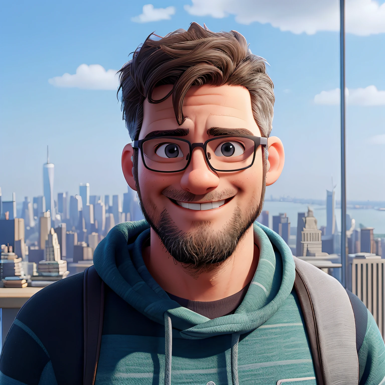 Cute Nerdy guy in his 40s wearing glasses in Top Of the Rock observatory with NYC as background