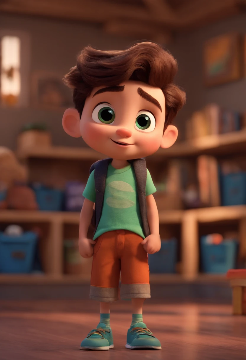 Image of a boy for a story in a YouTube video in Pixar format, He's the allabester, He's the class leader, He's outgoing, Playful and gets up for a lot of things, cabelo curto