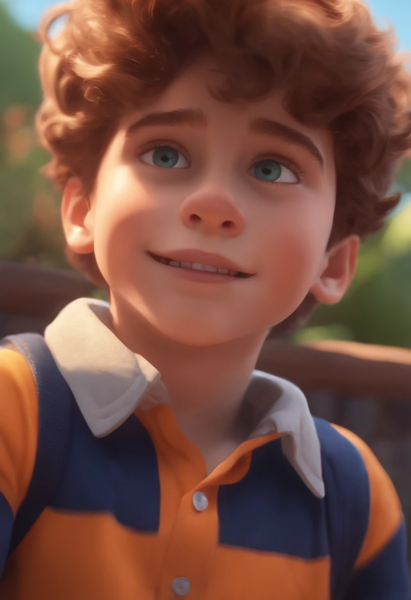 Image of a boy for a story in a YouTube video in Pixar format, He's the  allabester, He's the class leader, He's outgoing, Playful and gets up for a lot of things, cabelo curto