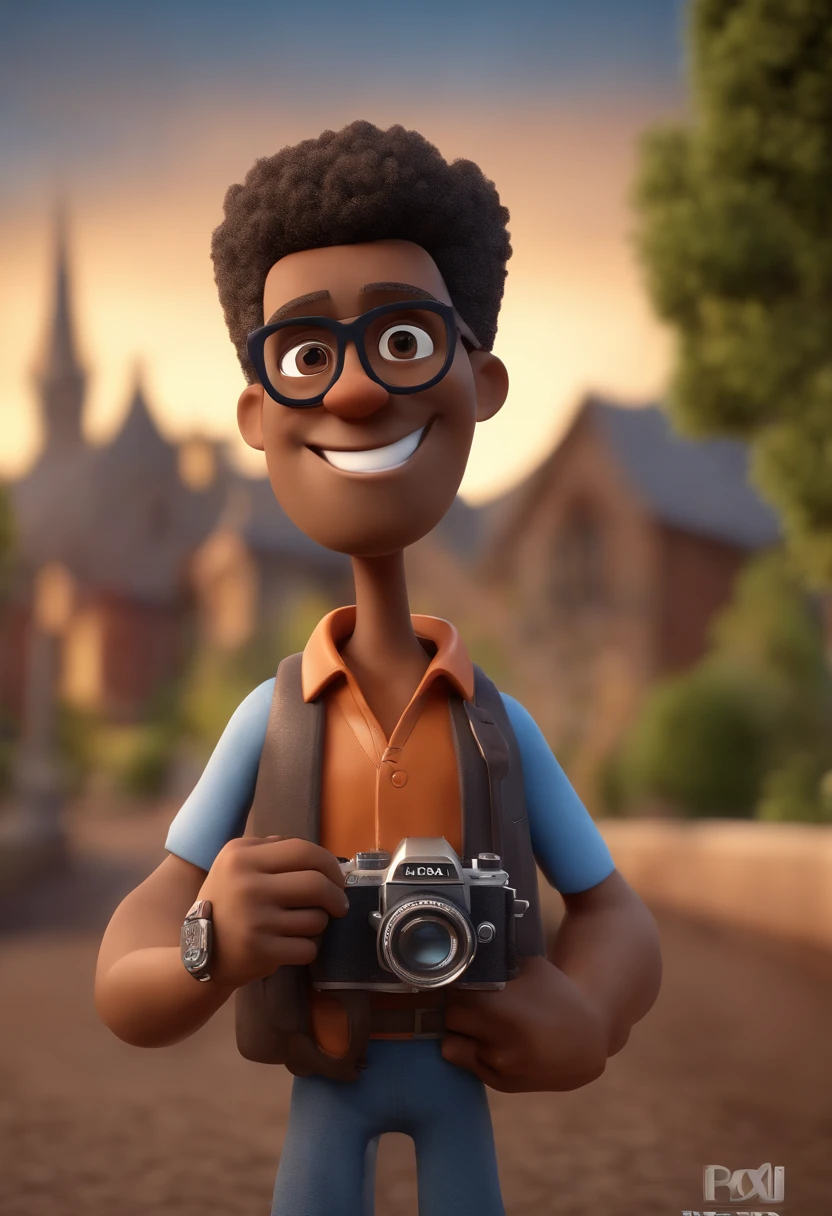 Cartoon character of a black man with gray glasses, cabelo crespo baixo marrom escuro e uma camisa azul, Holding a camera, animation character, Caractere estilizado, animation style rendering, 3D estilizado, Arnold Maya render, 3 d render stylized, toon render keyshot, Personagem 3D, Personagem 3D, 3d rendering stylized, 3 d character render, personagem de desenho animado, Personagem de close up, Pose de personagem, (Estilo Pixar) (master part:1.2) (Bokeh) (best quality) (pele detalhada) (textura detalhada) (8k) (argila) (Cinematic lighting) (foco nítido