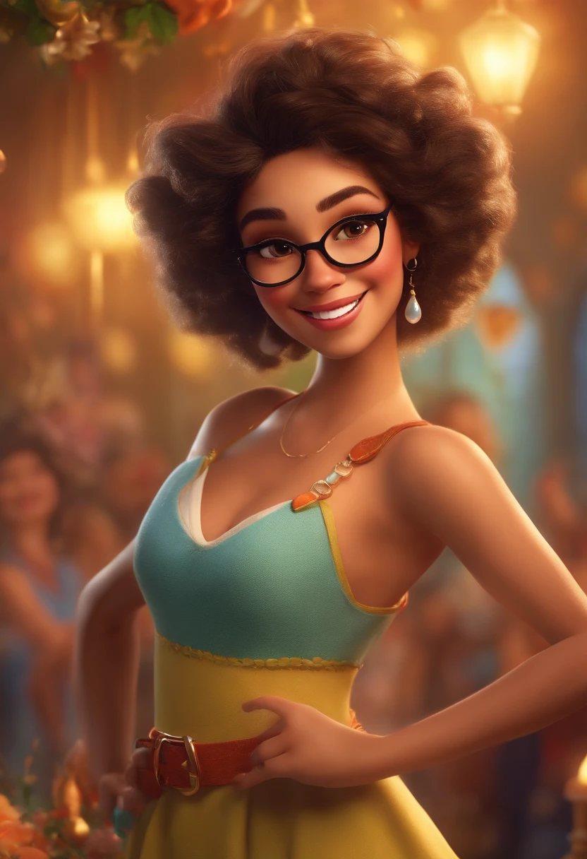 (best quality,4k,highres,masterpiece:1.2),ultra-detailed,(realistic,photorealistic,photo-realistic:1.37),vibrant colors,shiny,sparkling,party atmosphere,adorable,feminine,joyful motions,whimsical background,warm lighting,expressive facial features

A girl with short curly hair wearing white glasses is dancing in a whimsical background. Her skin is tanned and she has a contagious smile with beautifully made Disney-inspired makeup. The girl is wearing a cute and colorful outfit like a fisherman, adding a playful touch to her appearance. The focus of the image is on her expressive face, with detailed and realistic features, including bright and sparkling eyes. The overall scene is rendered in a Pixar-style, with vibrant colors and a visually stunning atmosphere. The lighting is reminiscent of a cinematic setting, creating a warm and inviting ambiance. This artwork is characterized by its high quality and attention to detail, with ultra-detailed textures and a photorealistic rendering. It is a masterpiece that captures the joy and whimsy of a playful dance moment.