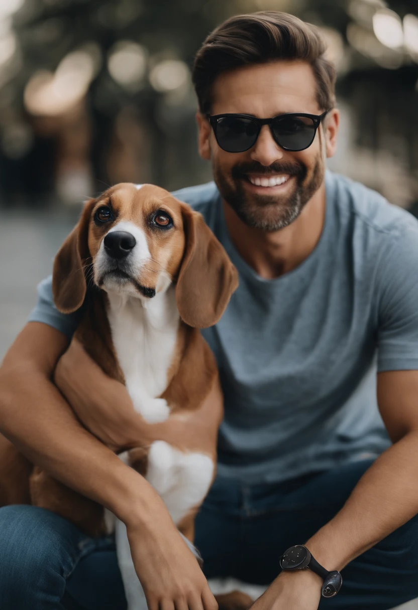 Pixar. Casal com um filhote de cachorro beagle marrom. A menina tem os cabelos loiros amarrados, Camiseta cinza e jeans claro, white glasses. O menino de cabelos pretos com cabelos grisalhos, barba pequena, oculos, Dark blue jeans and gray t-shirt. They are both smiling and are 40 years old