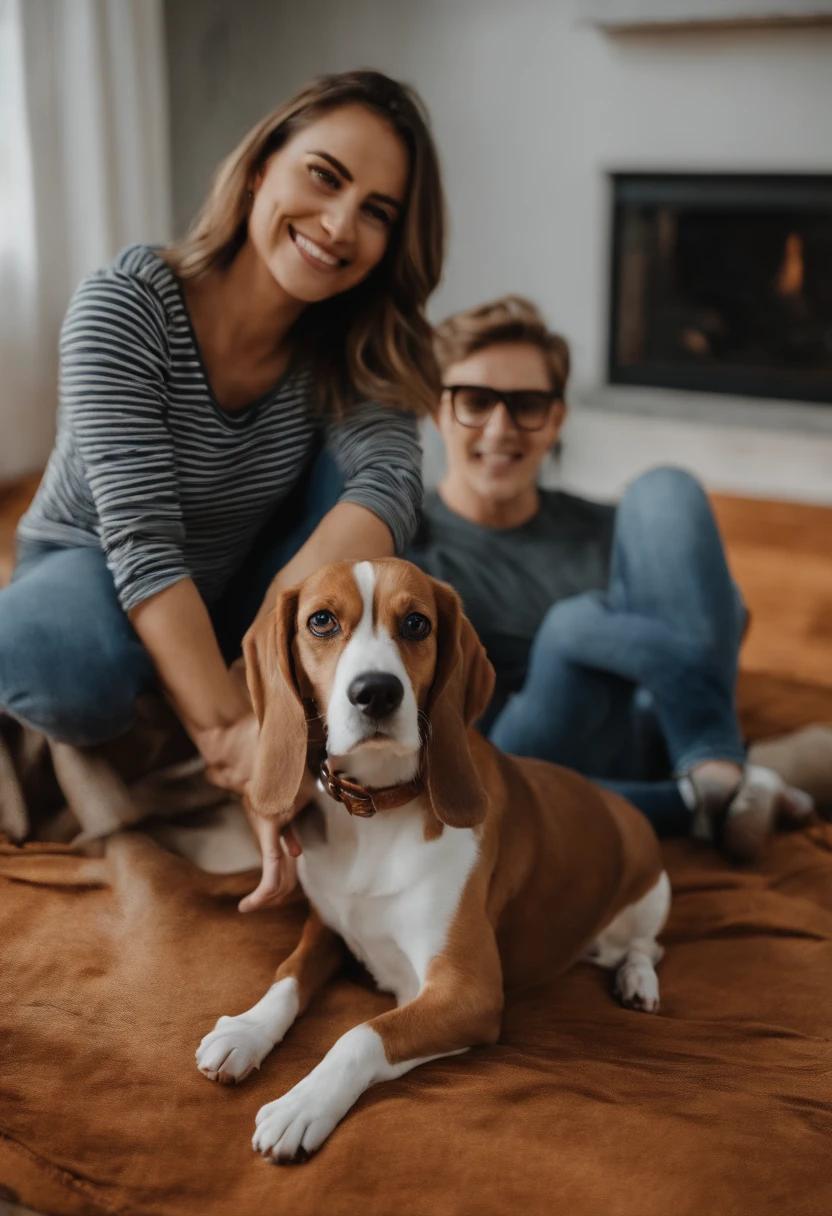 Pixar. Casal com um filhote de cachorro beagle marrom. A menina tem os cabelos loiros amarrados, Camiseta cinza e jeans claro, white glasses. O menino de cabelos pretos com cabelos grisalhos, barba pequena, oculos, Dark blue jeans and gray t-shirt. They are both smiling and are 40 years old