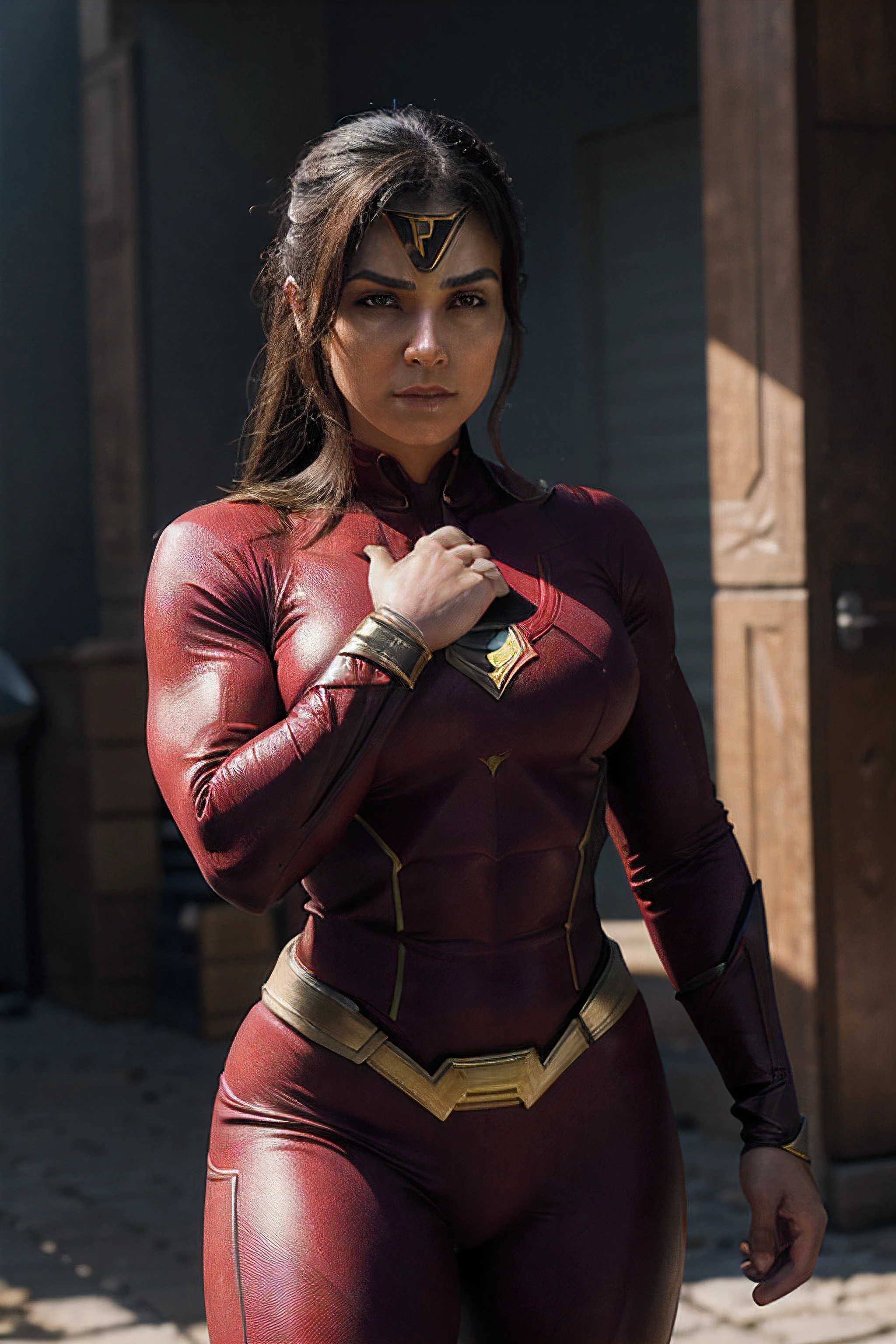 A super strong character in a superhero costume, imagem detalhando sua musculatura e detalhes faciais, With high definition and 4K resolution