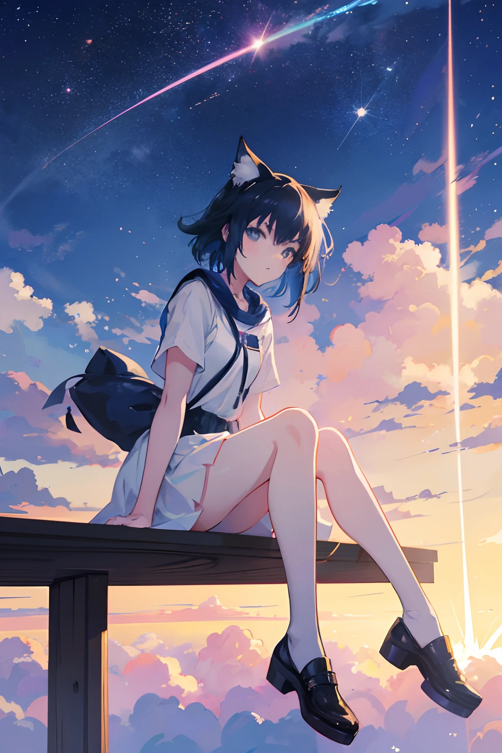 Anime cat-eared girl sitting on a shelf and looking at the sky, Anime drawings, inspired by Makoto Shinkai, trending on pixiv, space art, Makoto Shinkai Cyril Roland, 4k anime wallpaper, Anime Art Wallpapers 8K, Anime Art Wallpapers 4K, anime wallpaper 4k, anime wallpaper 4k, anime wallpaper 4k