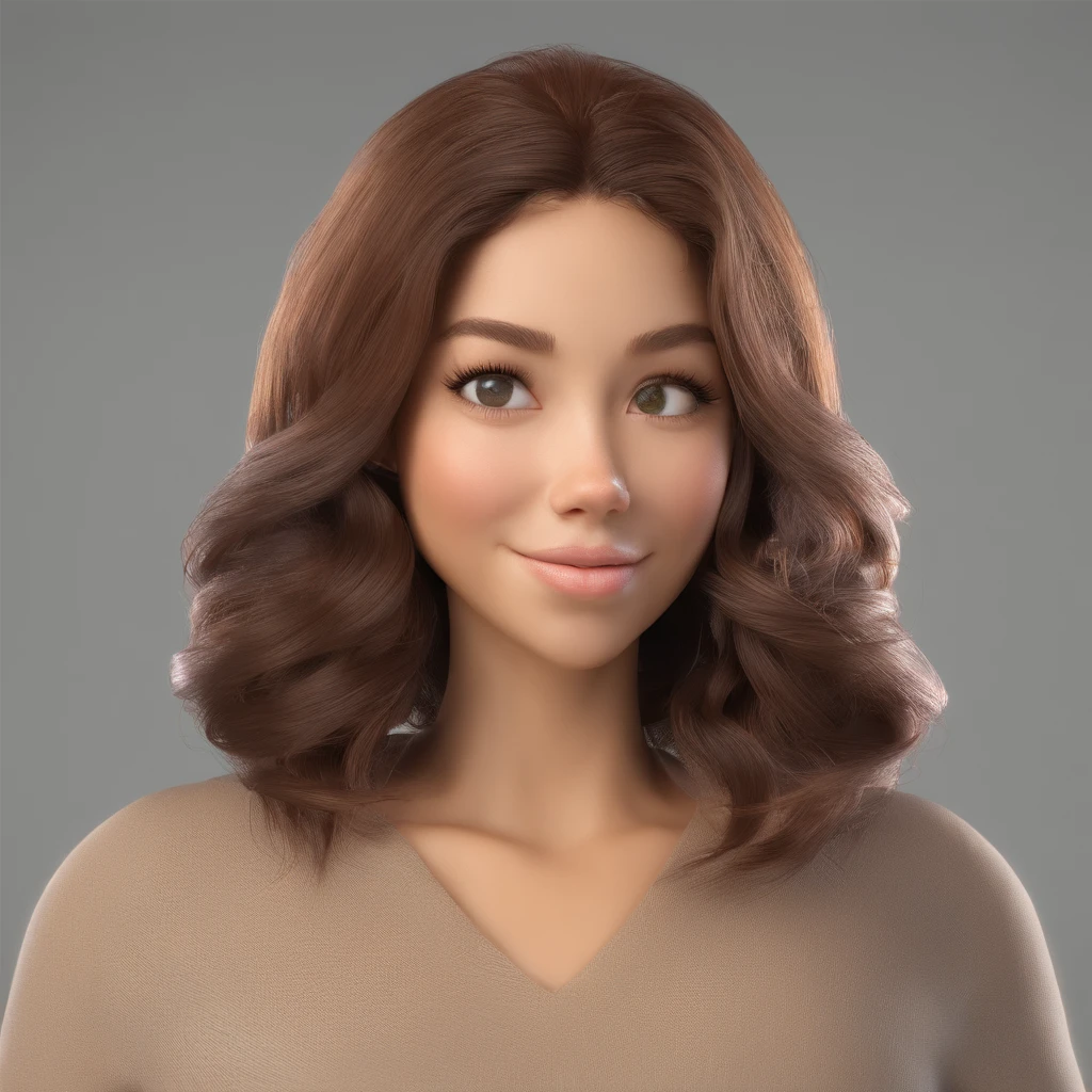 Uma mulher, de cabelos longos castanho claro, pele morena e olhos castanhos junto com um homem branco, japanese, de olhos e cabelos pretos, no estilo Pixar com um fundo bonito