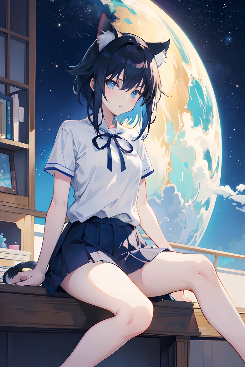 Anime cat-eared girl sitting on a shelf and looking at the sky, Anime drawings, inspired by Makoto Shinkai, trending on pixiv, space art, Makoto Shinkai Cyril Roland, 4k anime wallpaper, Anime Art Wallpapers 8K, Anime Art Wallpapers 4K, anime wallpaper 4k, anime wallpaper 4k, anime wallpaper 4k