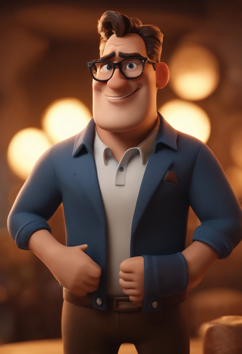 Cartoon character of a man with black glasses and a blue shirt, animation character, Caractere estilizado, animation style rendering, 3D estilizado, Arnold Maya render, 3 d render stylized, toon render keyshot, Personagem 3D, Personagem 3D, 3d rendering stylized, 3 d character render, personagem de desenho animado, Personagem de close up, Pose de personagem,  (Estilo Pixar) (master part:1.2) (Bokeh) (best quality) (pele detalhada) (textura detalhada) (8k) (argila) (Cinematic lighting) (foco nítido