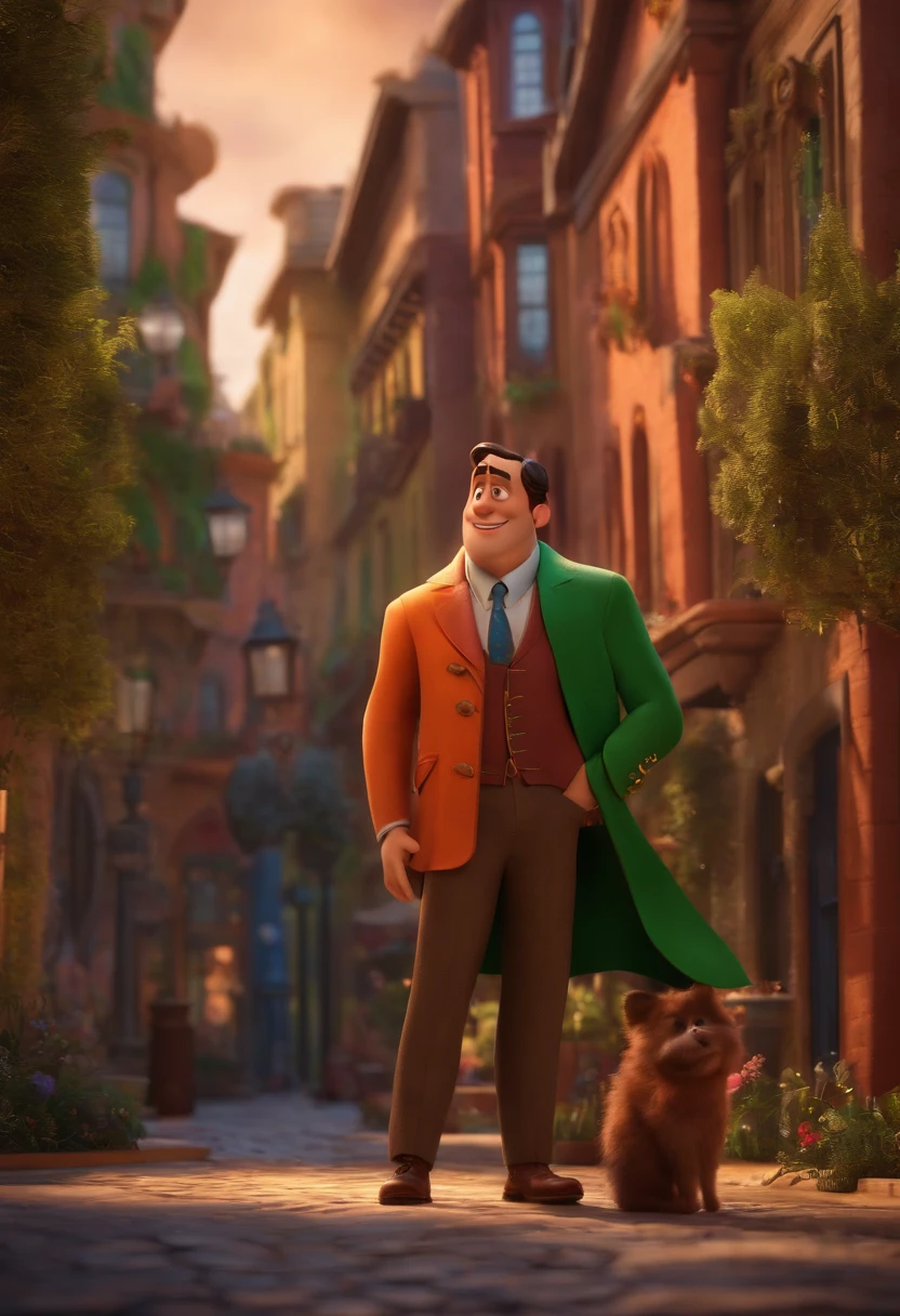 A city councilman looking at a dream project inspired by Pixar animation, de perto. The character takes center stage with captivating facial expressions, oferecendo um toque de irrealidade