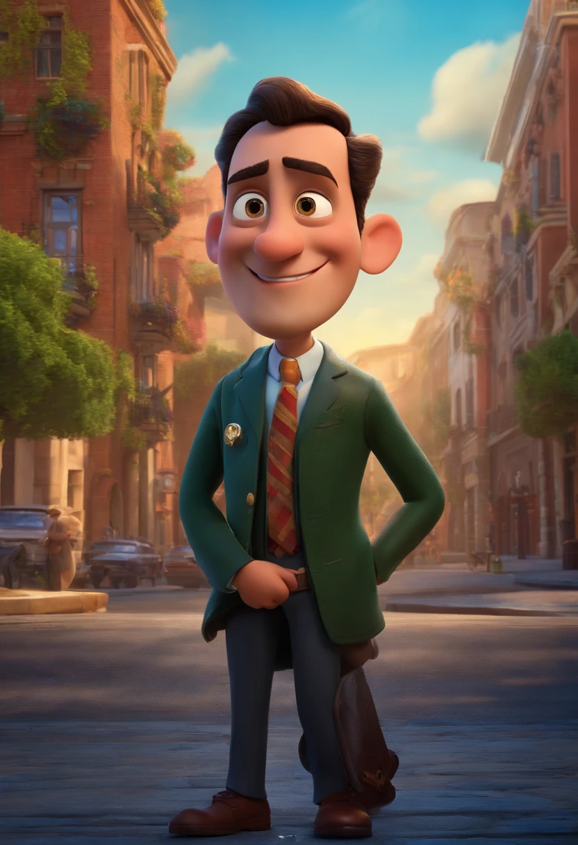 A city councilman looking at a dream project inspired by Pixar animation, de perto. The character takes center stage with captivating facial expressions, oferecendo um toque de irrealidade