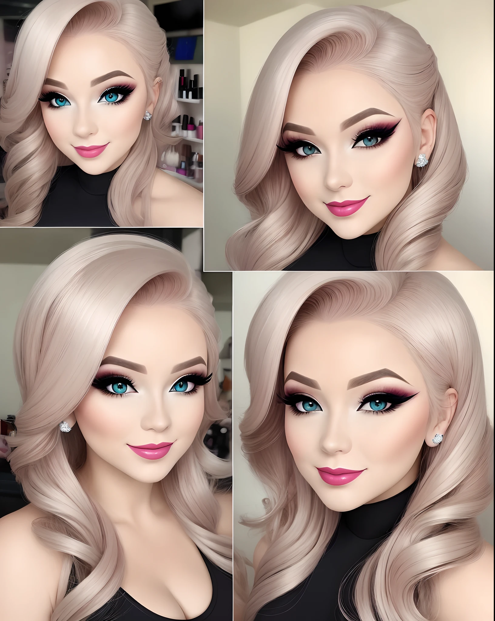 Mulher cabelo loiro com mechas , linda meiga e feliz , olhos castanhos , She works with makeup and is an entrepreneur , Title: Makeup Corner , logo Disney