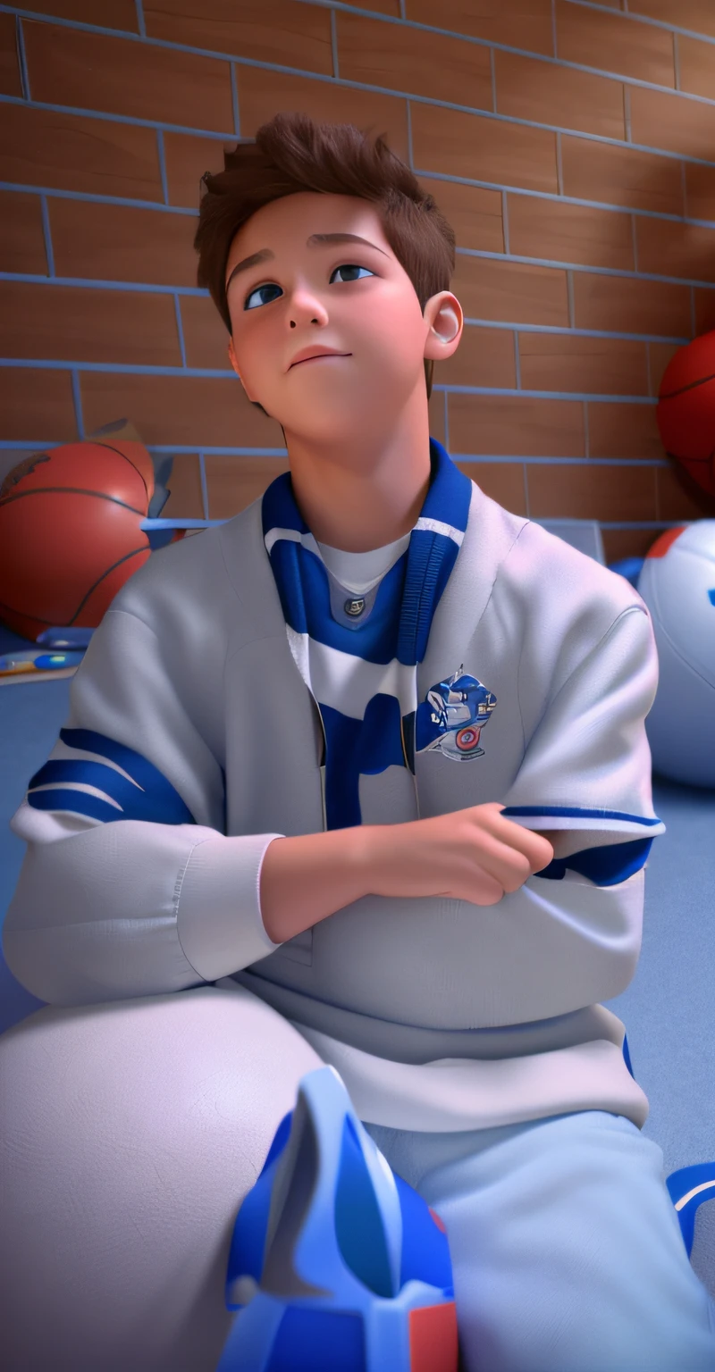 boy seen from the front sitting in the room, surrounded by many basketballs, Pixar style, 3D style, Disney style, 8k, cute
