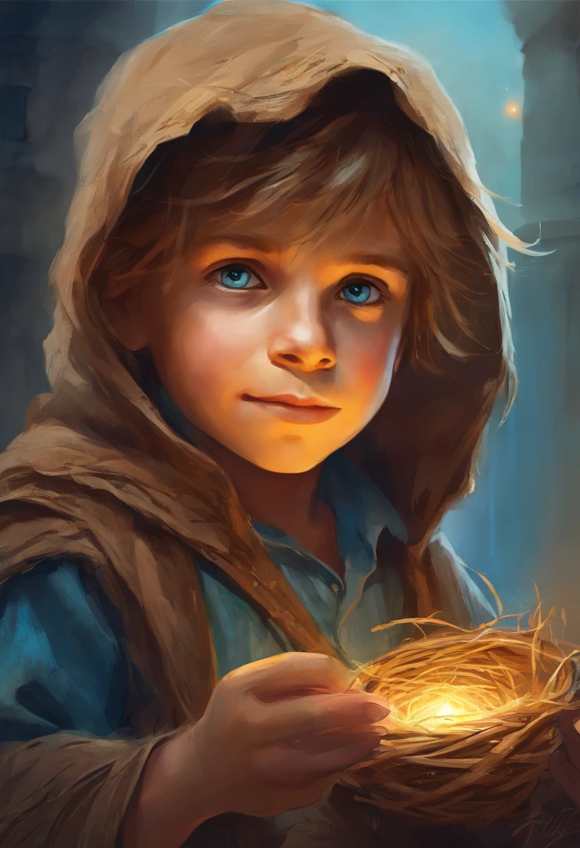 boy in ratty brown peasant clothes holding a piece of straw, dirty looking but with the brightest blue eyes, in slums, scare