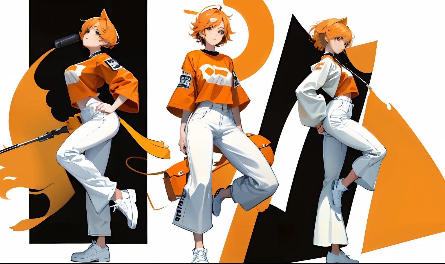 （Full body characters），A woman wearing an orange shirt and white pants，white backgrounid, cropped wide sleeve, baggy jeans, Large pants, White pants, Full body illustration, long orange sweatshirt, white russian clothes, baggy pants, realistically rendered clothing, realistic dress, detailed full body portrait, Realistic style, detailed fashion illustration, zoomed out full body, warm color clothes