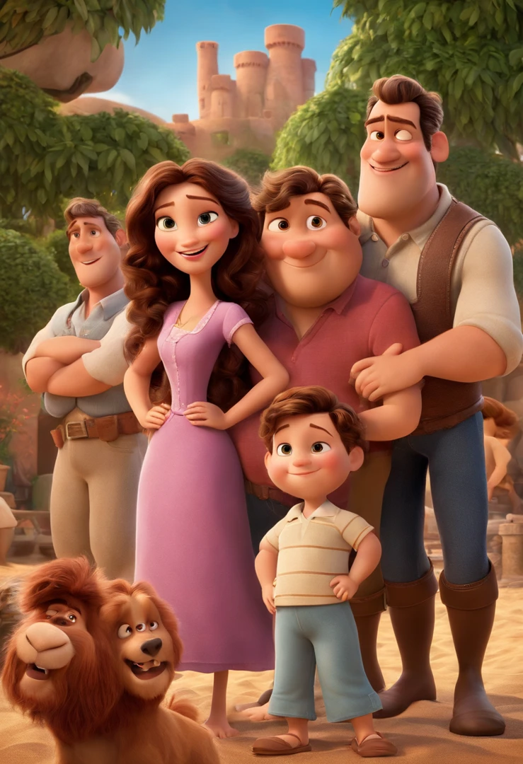 a Disney Pixar movie poster showing a white-skinned family. The father is the tallest, Tem barba curta, loiro, cabelos curtos e espinhosos. The mother has brown eyes and hair, shoulder-length and is slightly overweight. A tem 4 anos e cabelos castanhos, roupa rosa e rabos de cavalo. The background is a beach garden. 3D-rendering