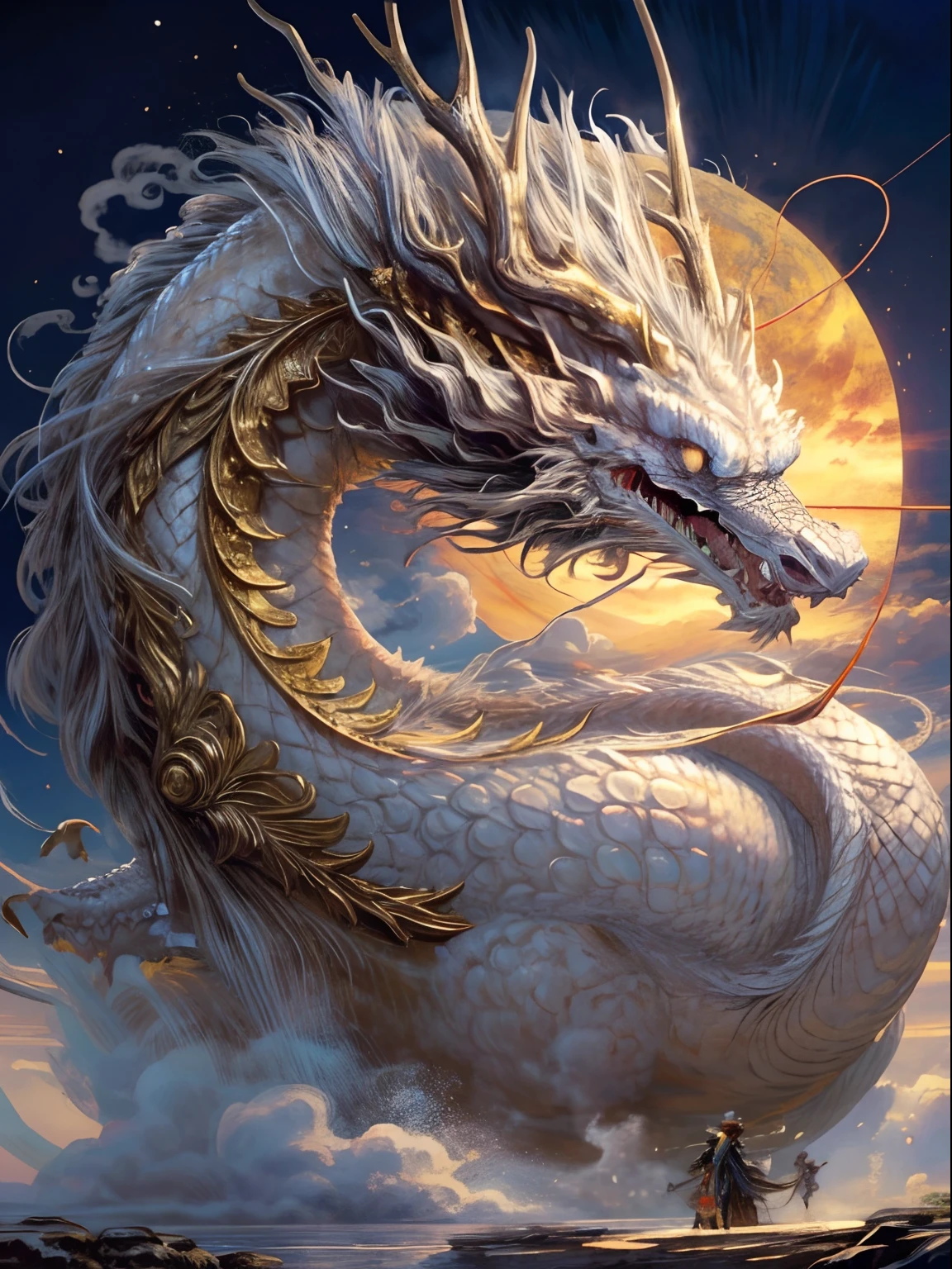 a Beautiful Elf, ridding a white chinese dragon, eastern dragon, background of cloud and sky, morning, soft nature lights, rim light, amazing, soft colors, octane render, (best quality, masterpiece, Representative work, official art, Professional, 8k:1.3)