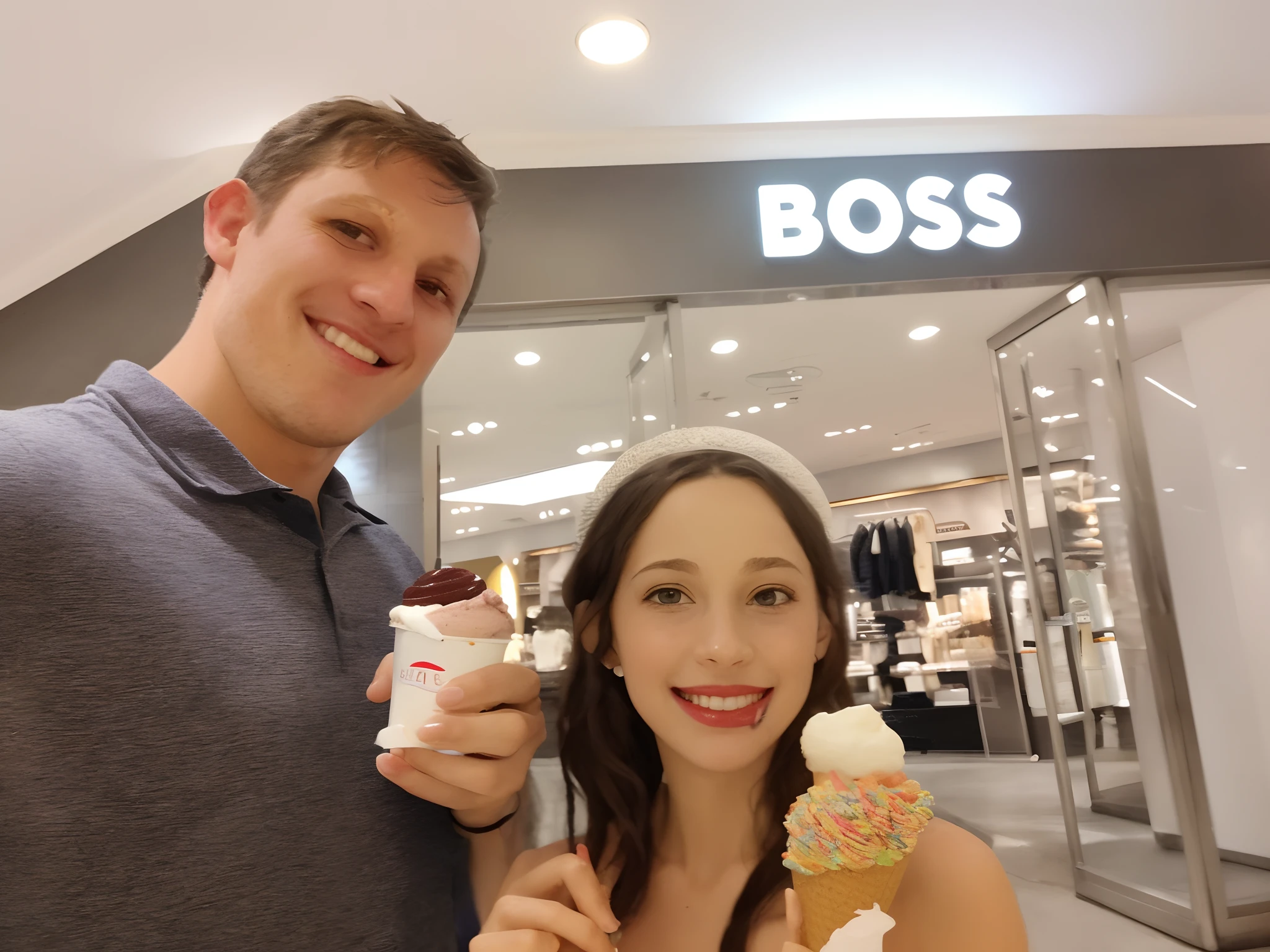 They are posing for a photo with ice cream cones in front of a store owned by the Boss, Hugo Boss Award, comer sorvete, chefe corporativo, 🤬 🤮 💕 🎀, comer sorvete - creme, sorvete ao lado, Millaise e Greg Rutkowski, por Romain brook, casquinhas de sorvete, girlboss, 💋 💄 👠 👗, Rob Ross