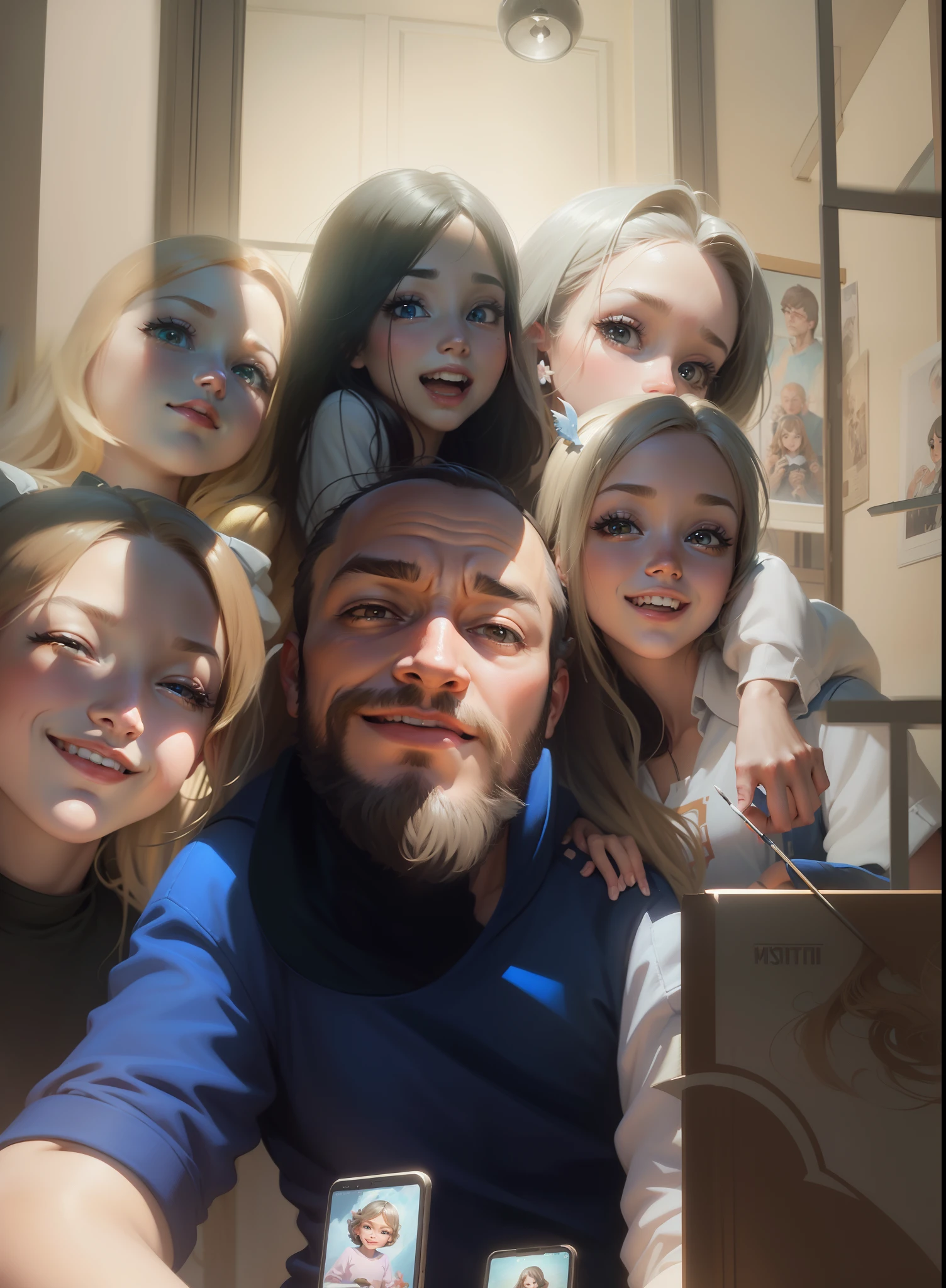 (pintura digital bonito, pintura digital dos desenhos animados, arte de pintura digital dos desenhos animados), (lindo pintura digital, retrato de alta qualidade, Perfect Android girl family), (kawaii retrato realista, family portrait, Happy family, happy birthday), (Portrait of a family of three, stylized digital illustration) e olhos bonitos