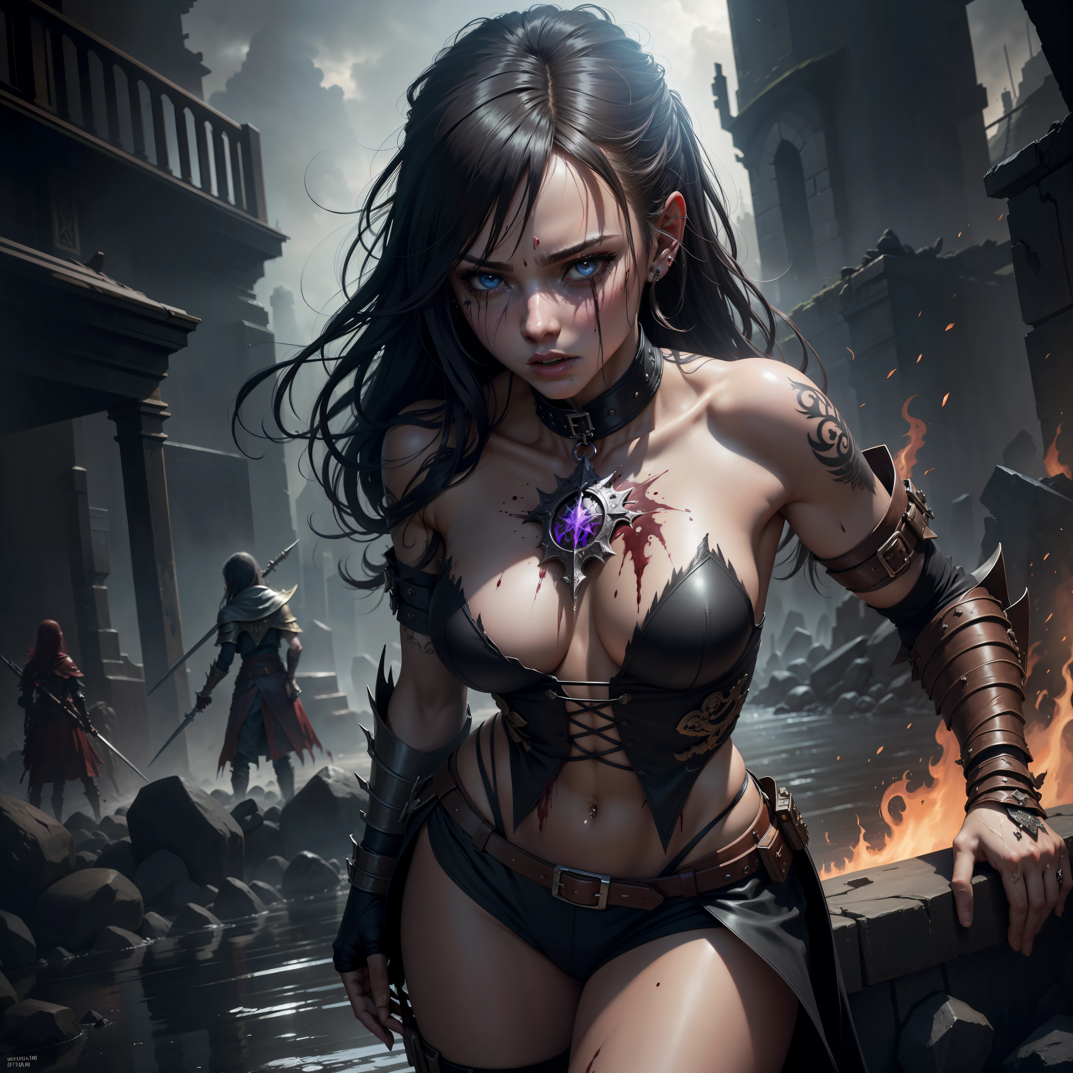 action, fantasy, Failed magic, post-battle battlefield, battle, (maintenance, high-quality, Epic realistic, High Resolution, epic Detailed:1.2), a 1girl (Young Dark Sorceress), outland, artstation, night, anger, (blood splatters, Corpses, Tattoo, trappings, fire, water, Bloody fog, ash), up to half of the body, Intricate Details