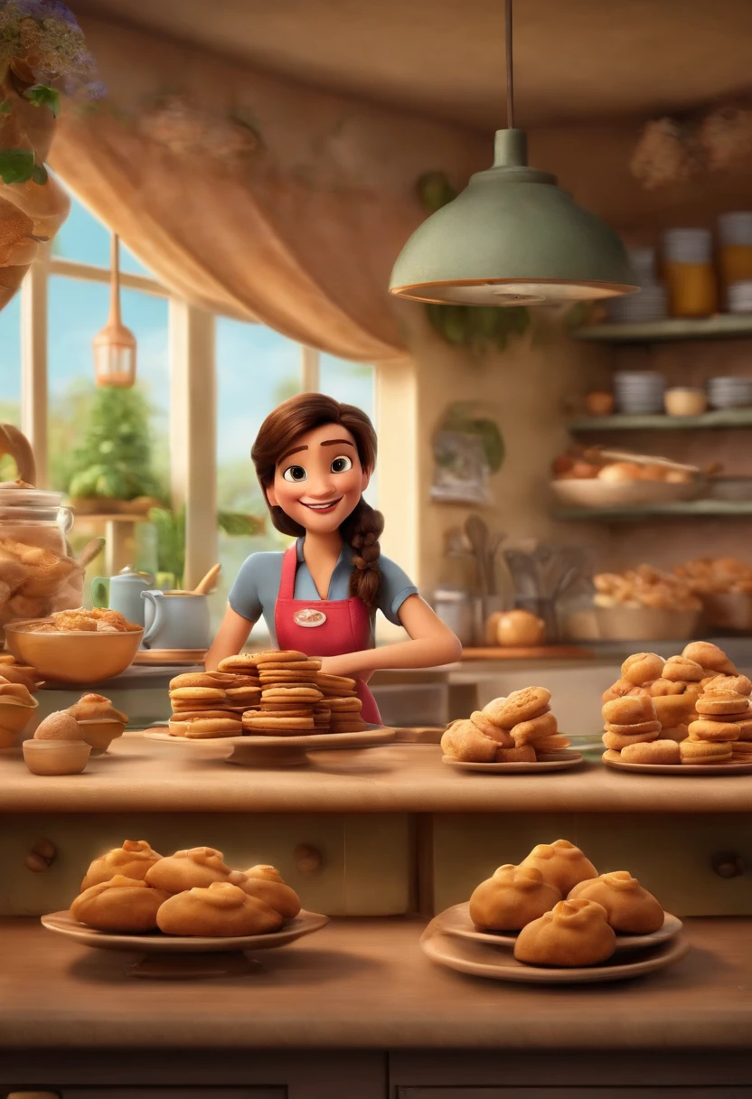 Create a Disney Pixar Poster.  Uma mulher de 20 anos chef de cozinha, com cabelos cor castanho claro na altura dos ombros, cabelos ondulados, com sorriso feliz, olhos castanhos pequenos. Ela usa brincos pequenos. Ela esta fazendo biscoitos em uma confeitaria com uma vista para um jardim com muitas flores na cor rosa.