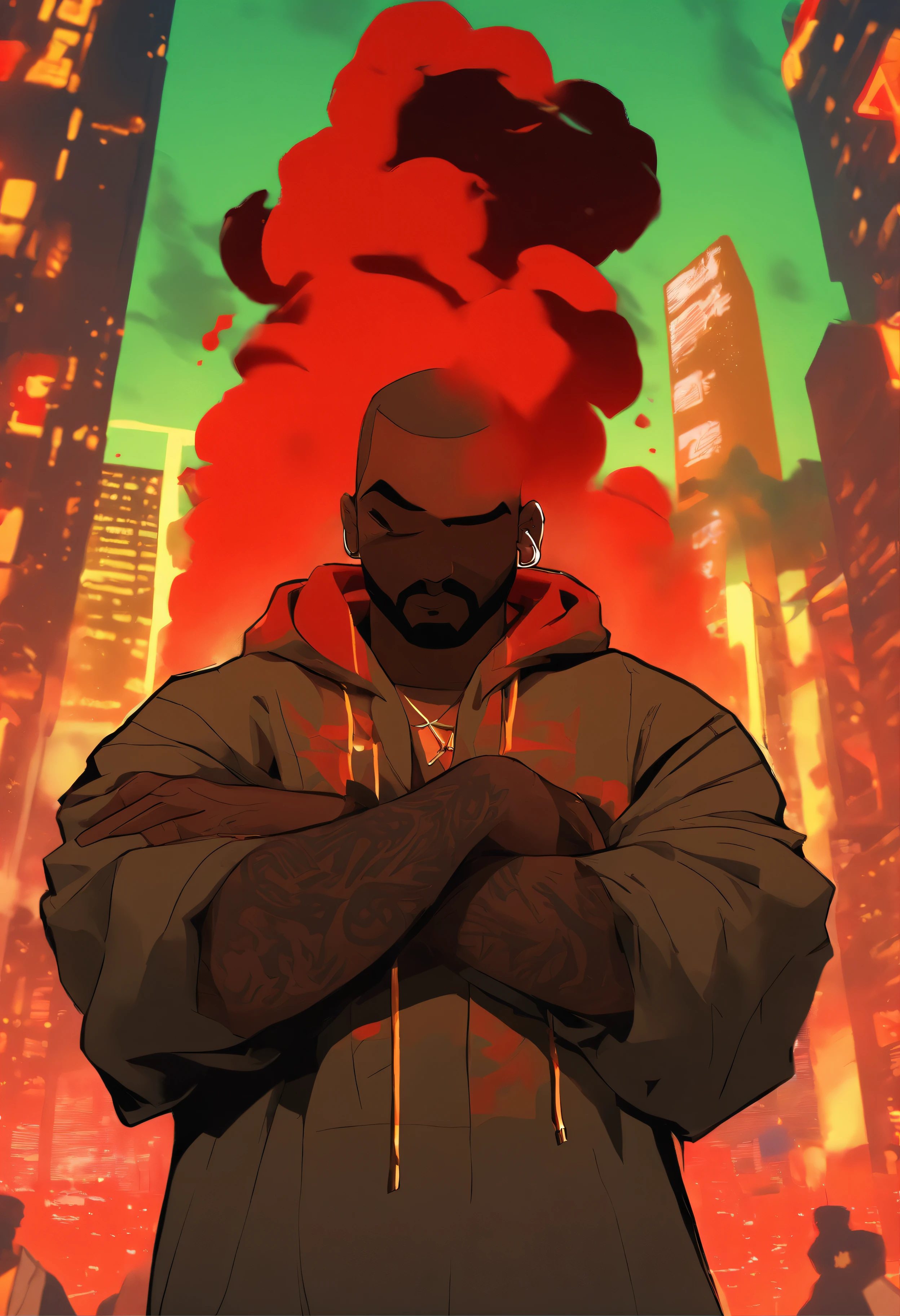 kanye west , cabelo vermelho, cavanhaque vermelho, jaqueta vermelha, folded arms , estilo hip hop, estilo gta 5,chain in the neck. senario cidade de los santos.