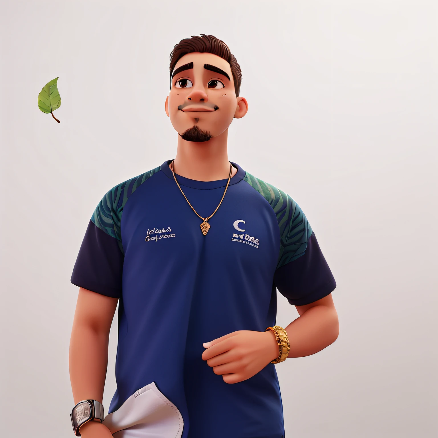 um jovem de 23 anos, With a leaf in the left hand and in the right hand two bracelet. com bigode e cavanhaque, labios grandes, bochecha bolinha,falta orelha,