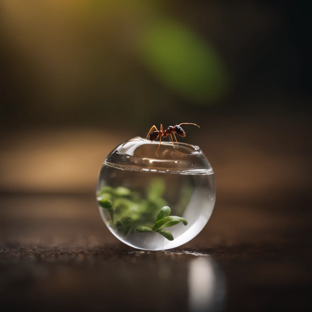 An ant is being kept in a drop of water