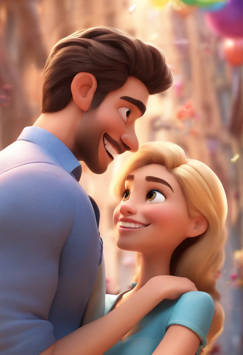 An illustration of an adorable couple, Spotlight on a smiling skinny brunette man and a blonde woman with beautiful expressive brown eyes - the man's skin is light and the man's hair is pulled back, while the woman's skin is fair and the woman's hair is blonde, liso e longo. They are a bright room, cada um com um sorriso no rosto, e compartilhar um momento especial caracterizado pelo amor, Insights. Illustrate this scene from a perspective where they are facing the camera, Smiling and Showing Your Connection. Desenvolva esta arte em Full HD, Focus on your cinematic touch, Estilo Disney Pixar Animations