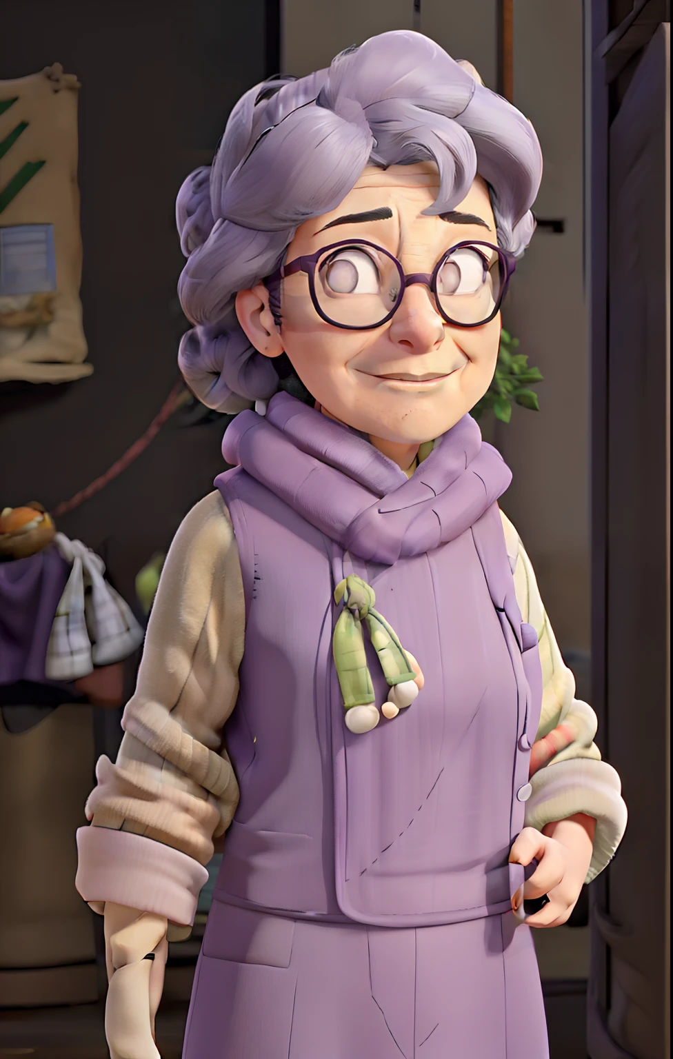 A detailed portrait of an elderly woman wearing glasses and a scarf, standing in a park. She is wearing a purple coat and a green scarf. The portrait should have the best quality and be a masterpiece (1.2), with ultra-detailed features and a realistic (photorealistic) appearance. The lighting should be natural and capture the warmth of the sun. The colors should be vibrant and the image should have a sharp focus. The overall art style should reflect a portrait theme, with a touch of realism and a focus on capturing the woman's character.