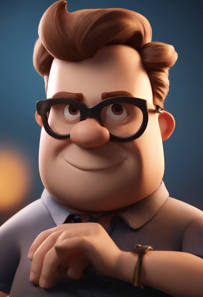 Cartoon character of a man with black glasses, cabelo cacheado marrom escuro e uma camisa azul, animation character, Caractere estilizado, animation style rendering, 3D estilizado, Arnold Maya render, 3 d render stylized, toon render keyshot, Personagem 3D, Personagem 3D, 3d rendering stylized, 3 d character render, personagem de desenho animado, Personagem de close up, Pose de personagem, (Estilo Pixar) (master part:1.2) (Bokeh) (best quality) (pele detalhada) (textura detalhada) (8k) (argila) (Cinematic lighting) (foco nítido