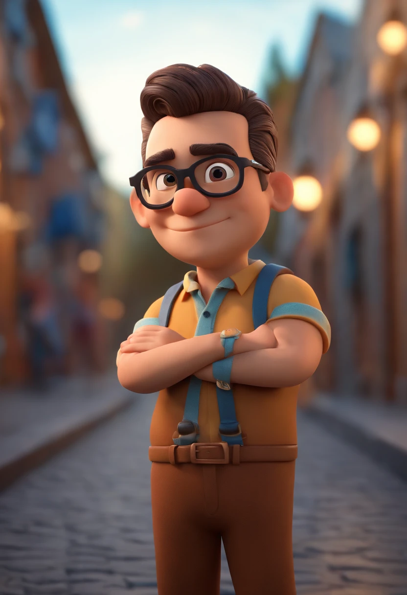 Cartoon character of a man with black glasses, cabelo cacheado marrom escuro e uma camisa azul, animation character, Caractere estilizado, animation style rendering, 3D estilizado, Arnold Maya render, 3 d render stylized, toon render keyshot, Personagem 3D, Personagem 3D, 3d rendering stylized, 3 d character render, personagem de desenho animado, Personagem de close up, Pose de personagem,  (Estilo Pixar) (master part:1.2) (Bokeh) (best quality) (pele detalhada) (textura detalhada) (8k) (argila) (Cinematic lighting) (foco nítido