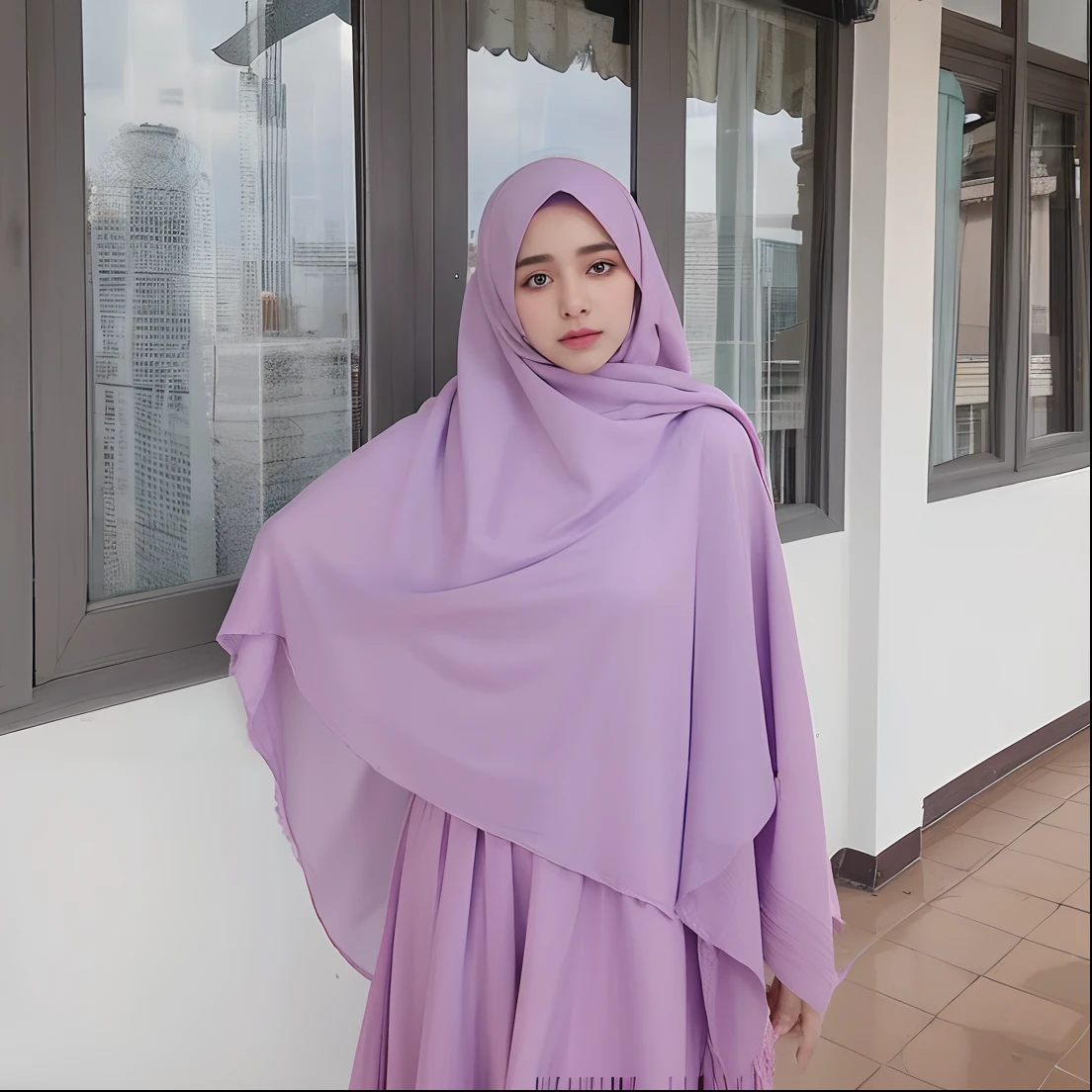 An arabic beautifull women wearing purple dress with a hijab on a woman standing in front of a building, hijab, shawl, inspired by Nazmi Ziya Güran, from 8 k matte, pastel pink, long hair shawl, pink pastel, pastel color, pastel, lilac, light purple, with cape, serena malyon, wearing a long flowy fabric, inspo, in background, detail face