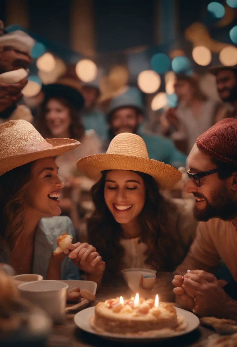 create a Pixar-style artwork with multiple people wearing various types of hats and eating Pastel and Jesus Christ in the background Blessing them at a Party